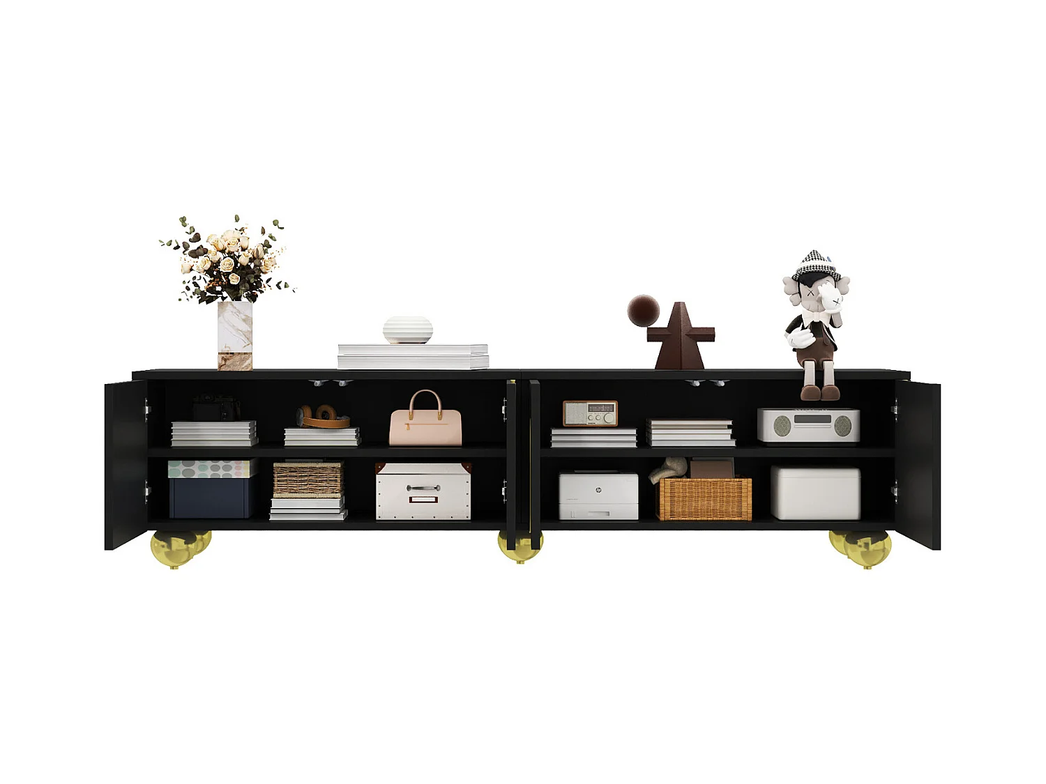 Meuble TV avec portes texturées, bordures et pieds dorés. Comprend des étagères et une fonction d'ouverture par pression.