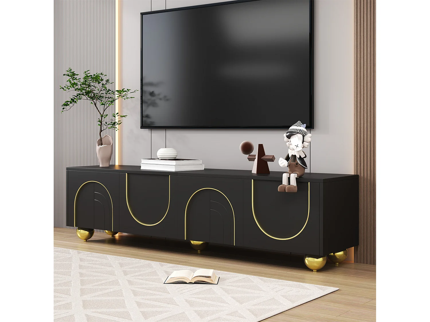 Mobile TV con ante testurizzate, finiture e gambe dorate. Include ripiani e apertura push-to-open.