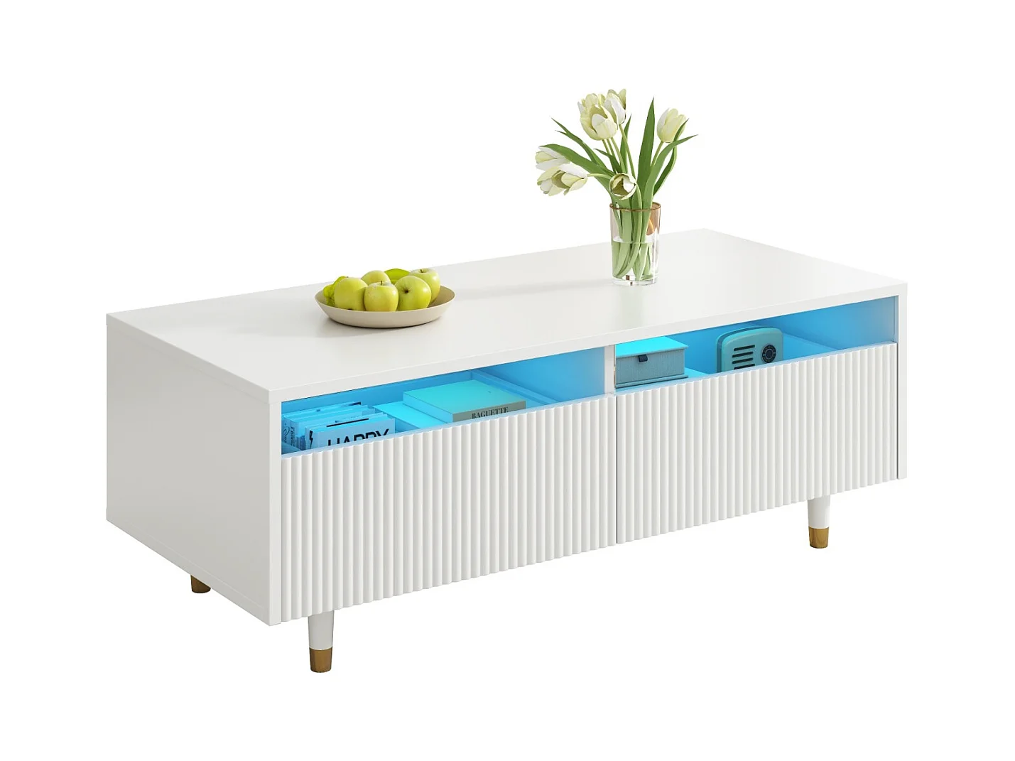 Table basse LED avec plateau ondulé, pieds dorés, 2 tiroirs et éclairage LED RVB. Meuble TV assorti disponible.