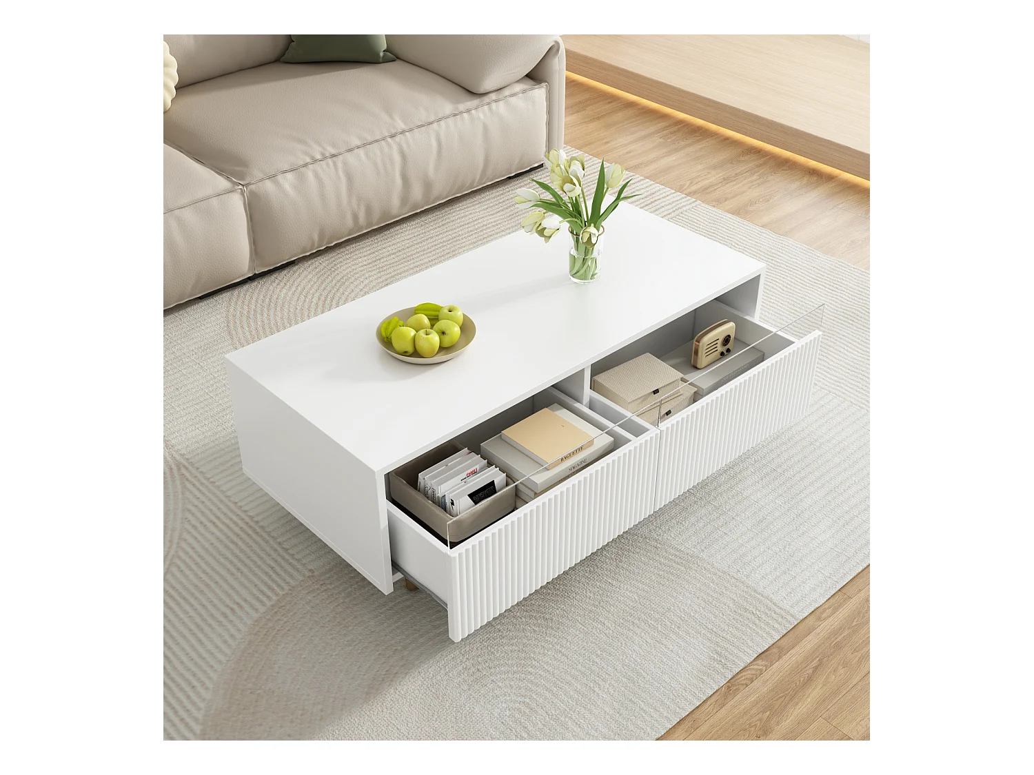 Table basse LED avec plateau ondulé, pieds dorés, 2 tiroirs et éclairage LED RVB. Meuble TV assorti disponible.