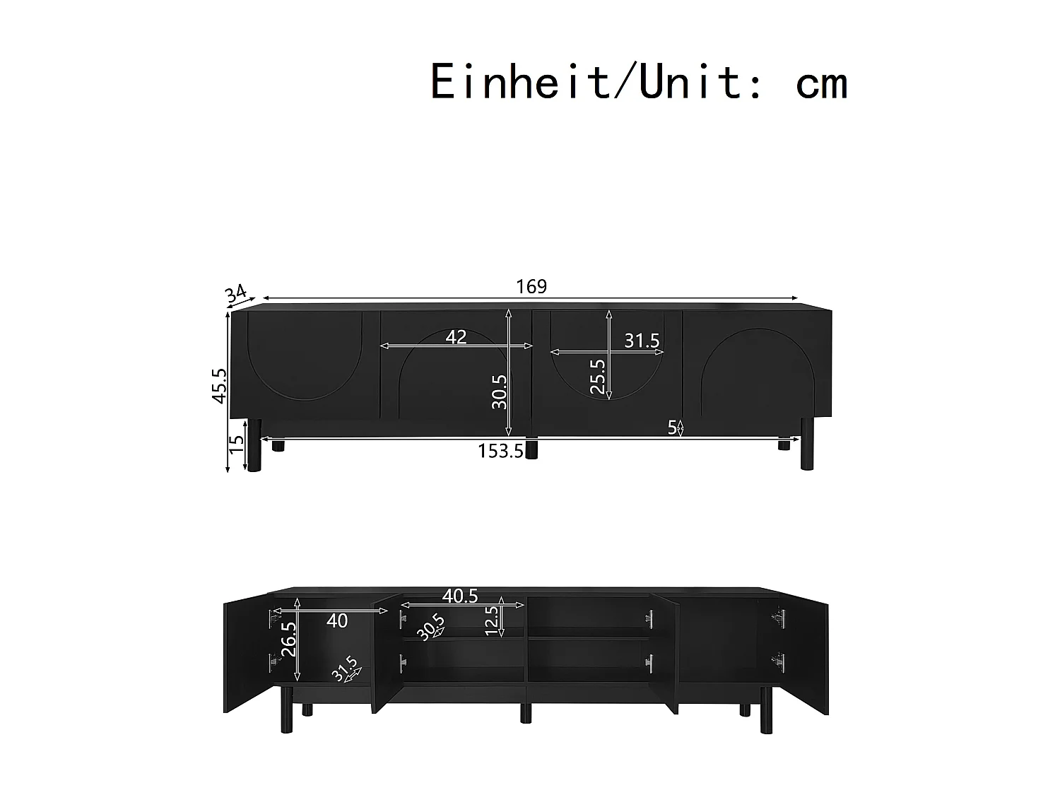 Lowboard mit gewölbten, wellenförmigen Türen, Regalen und stabilen Beinen. Stilvoller TV-Schrank & TV-Ständer.
