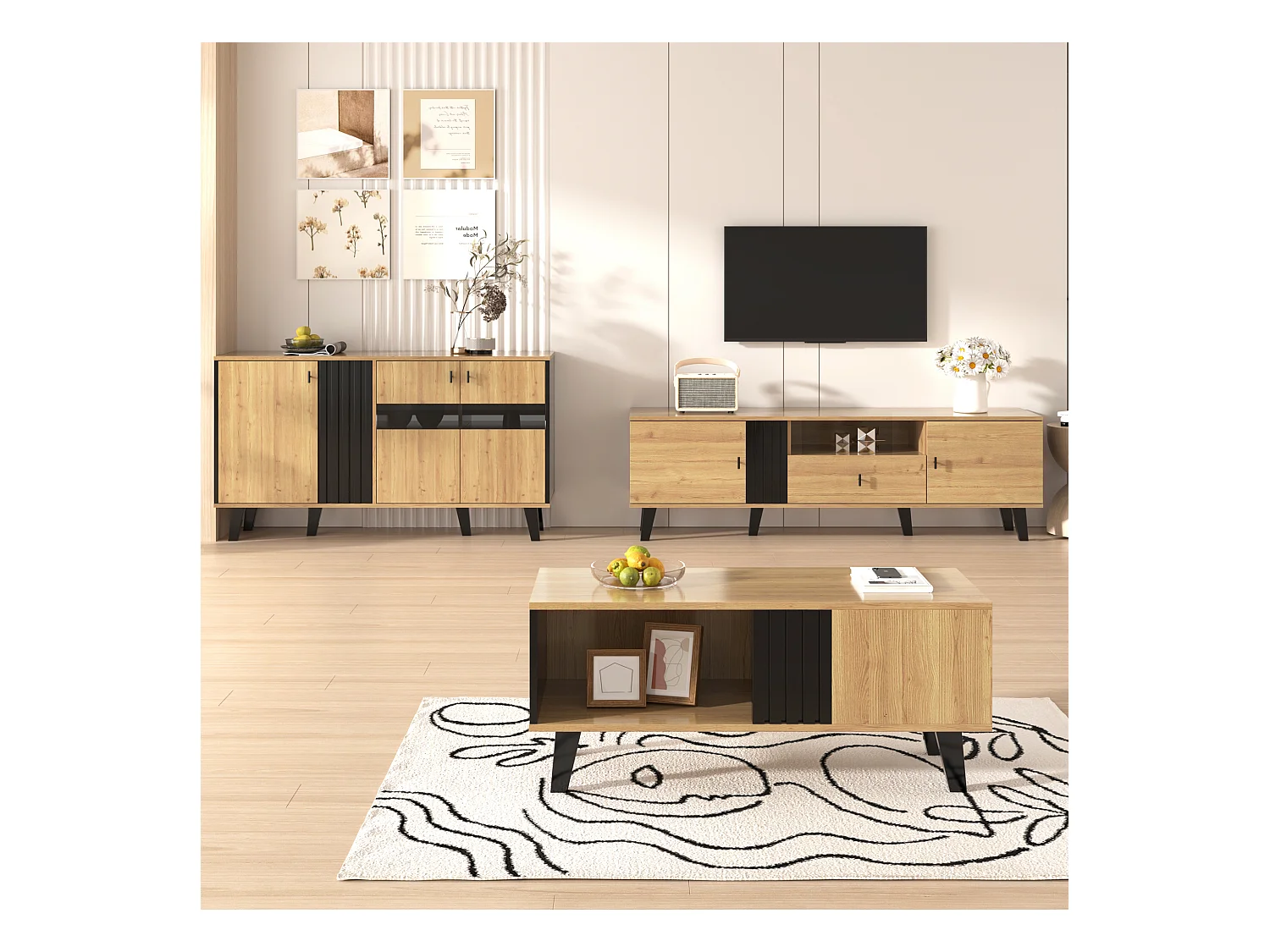 Ensemble de salon 3 pièces : table basse, meuble TV et buffet en bois/noir. Design moderne avec de nombreux rangements.