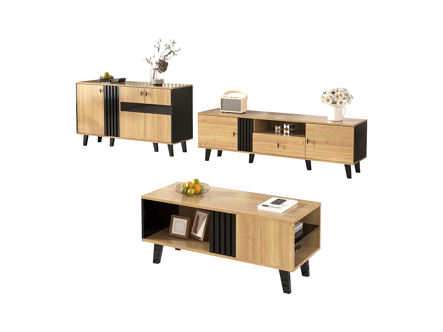 Conjunto de sala de 3 piezas: mesa de centro, mueble de TV y aparador en madera/negro. Diseño moderno con amplio espacio de almacenamiento.