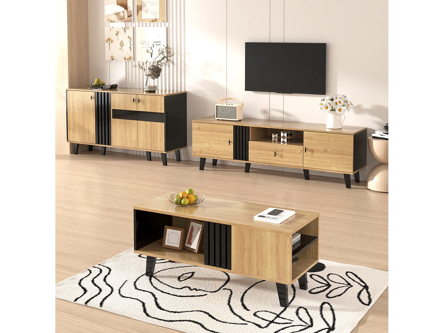 Ensemble de salon 3 pièces : table basse, meuble TV et buffet en bois/noir. Design moderne avec de nombreux rangements.