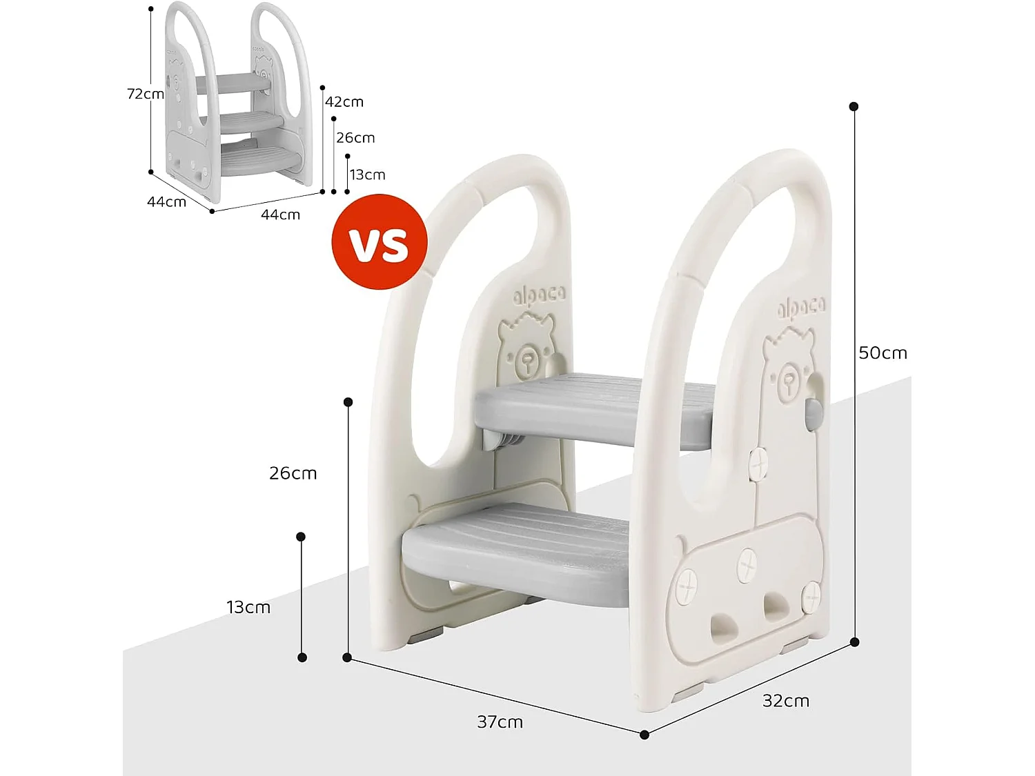 Tabouret à deux niveaux Onasti pour enfants avec poignées, hauteur réglable, de 1,5 à 5 ans (gris)