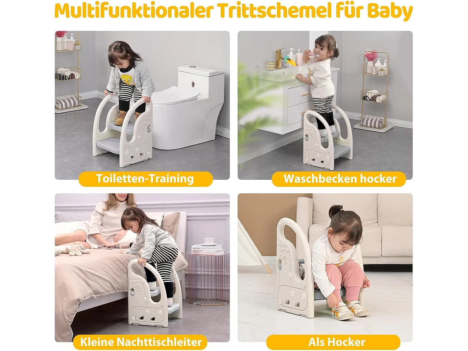 Tabouret à deux niveaux Onasti pour enfants avec poignées, hauteur réglable, de 1,5 à 5 ans (gris)