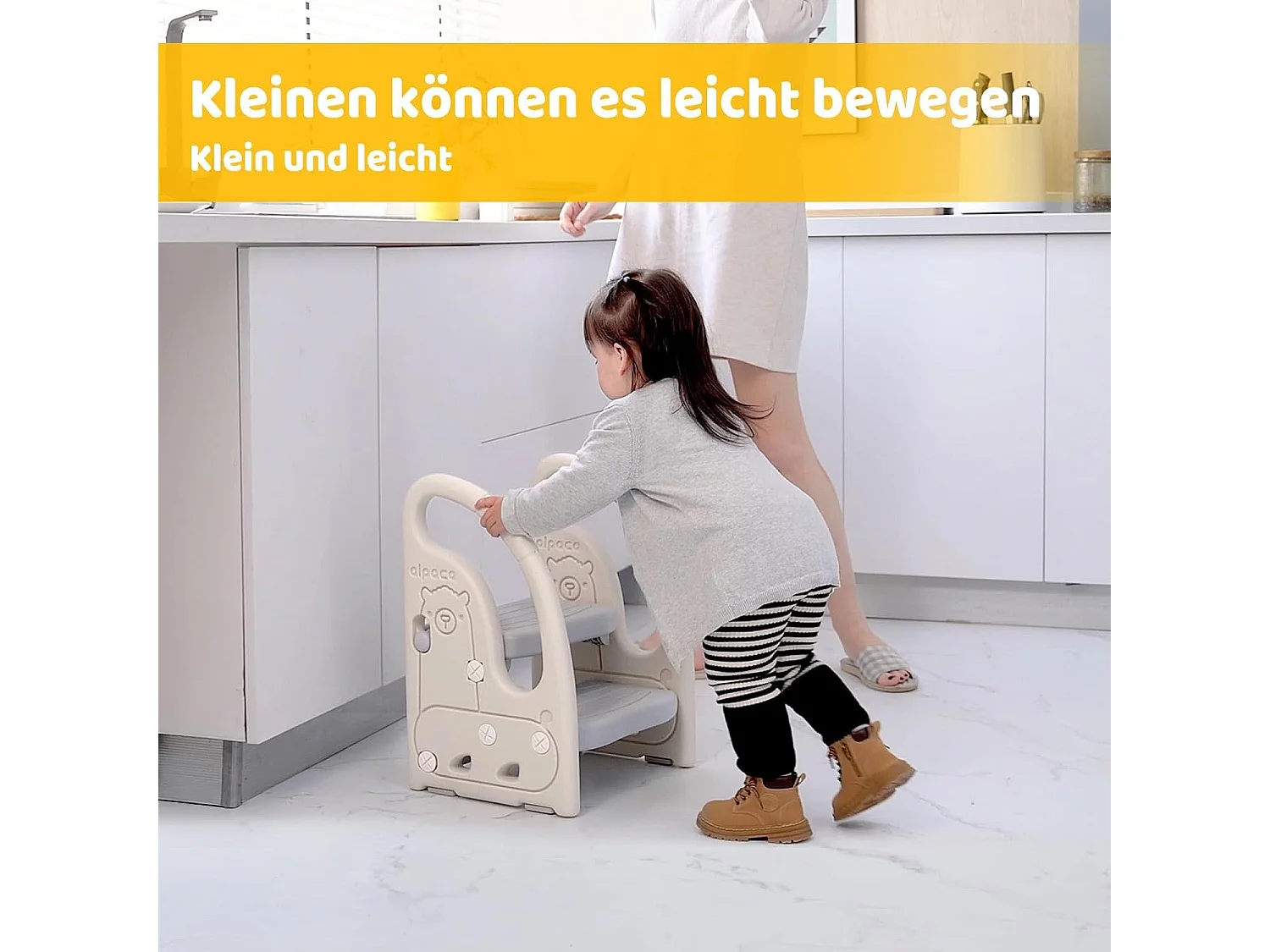 Tabouret à deux niveaux Onasti pour enfants avec poignées, hauteur réglable, de 1,5 à 5 ans (gris)