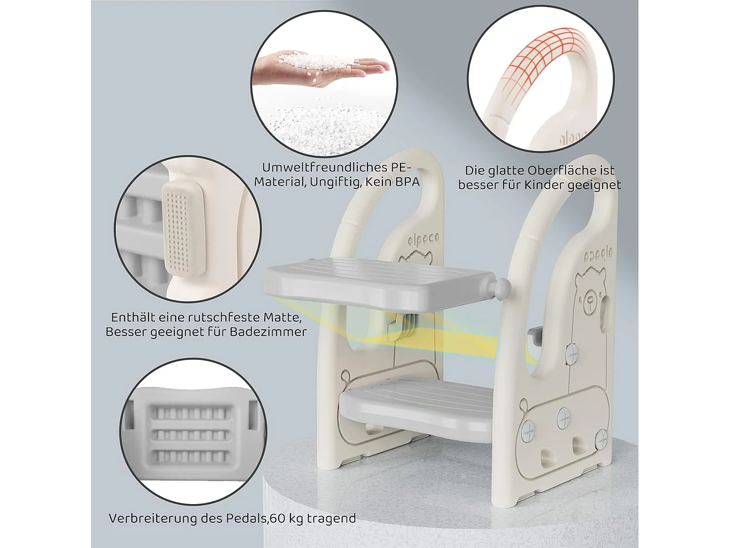 Tabouret à deux niveaux Onasti pour enfants avec poignées, hauteur réglable, de 1,5 à 5 ans (gris)