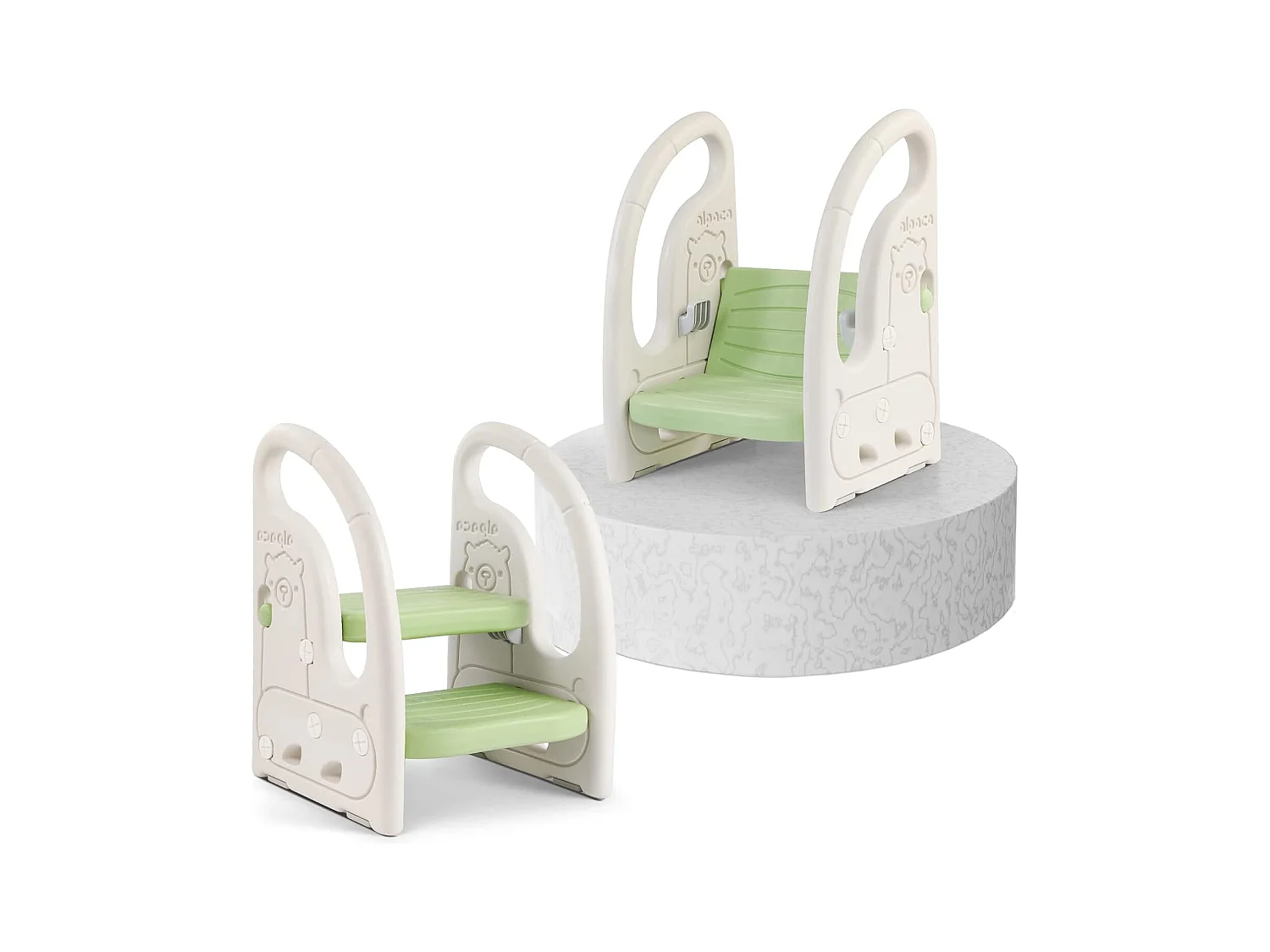 Tabouret à deux niveaux Onasti pour enfants avec poignées, hauteur réglable, de 1,5 à 5 ans (vert)