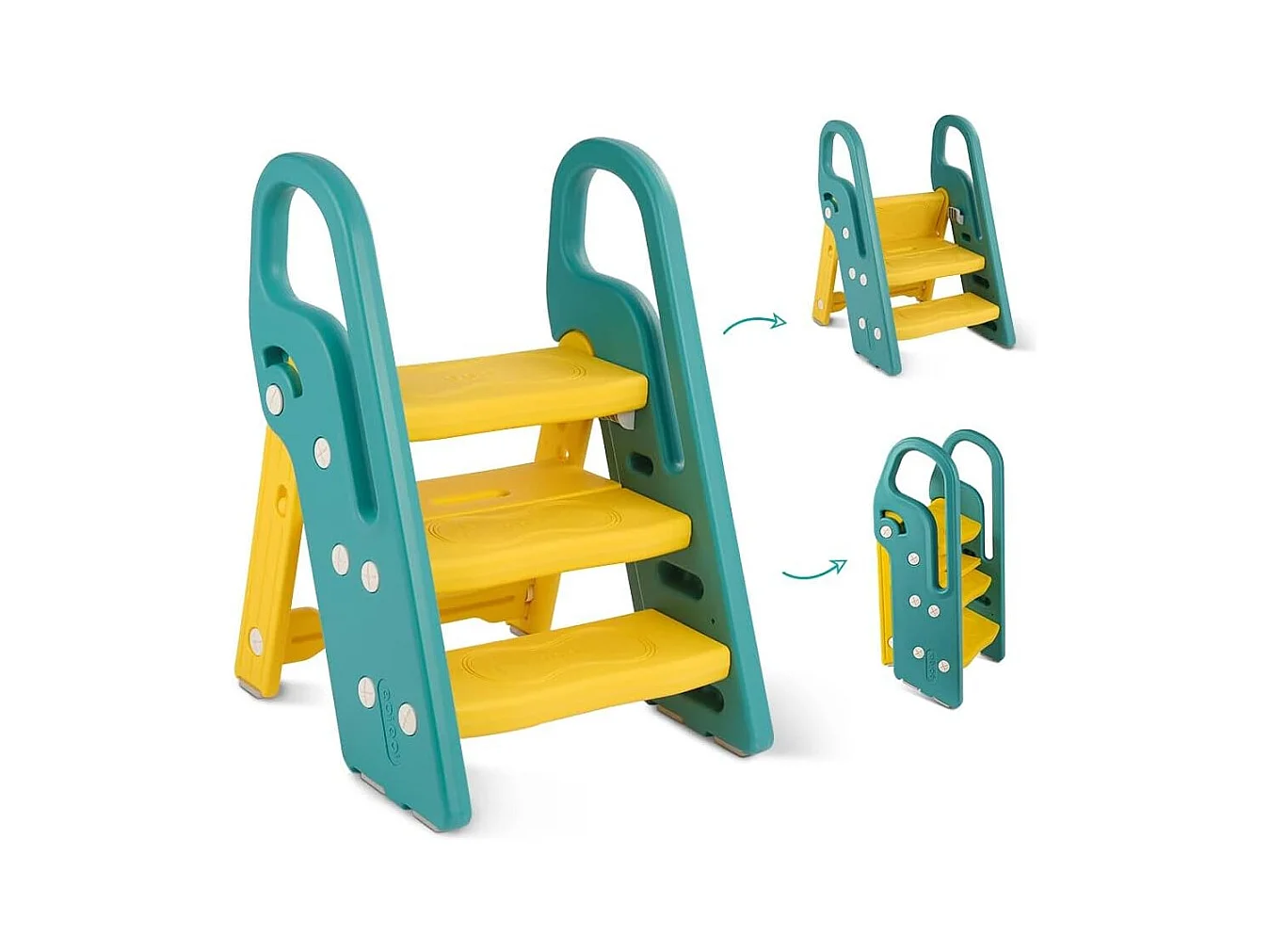 Onasti Tabouret Escalier pliable Réglable en Hauteur 2 Niveaux - 3 Niveaux pour Enfants avec Poignées, Vert + Jaune