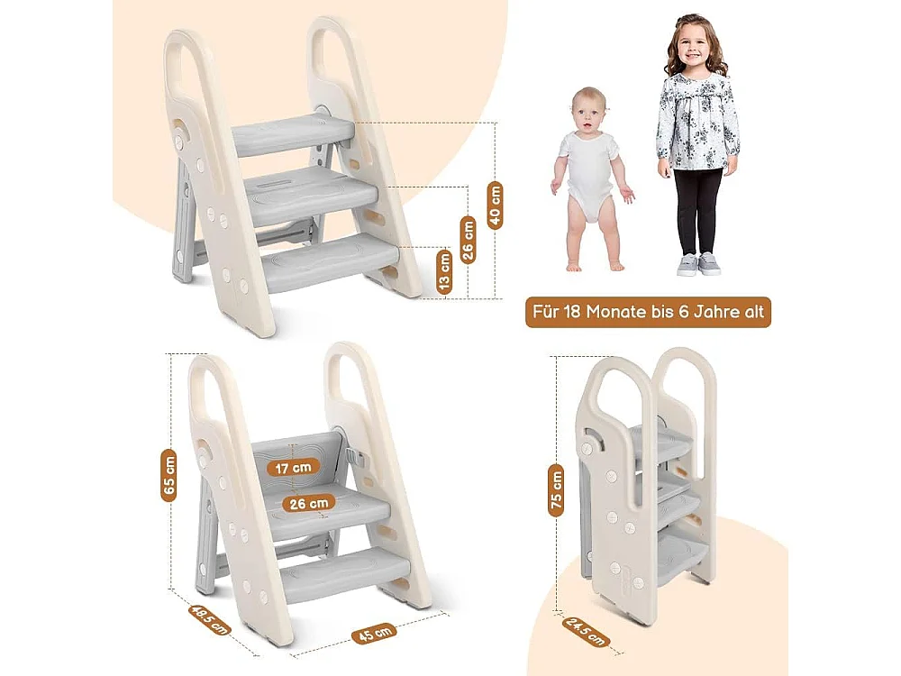 Onasti Tabouret Escalier pliable Réglable en Hauteur 2 Niveaux - 3 Niveaux pour Enfants avec Poignées, Gris