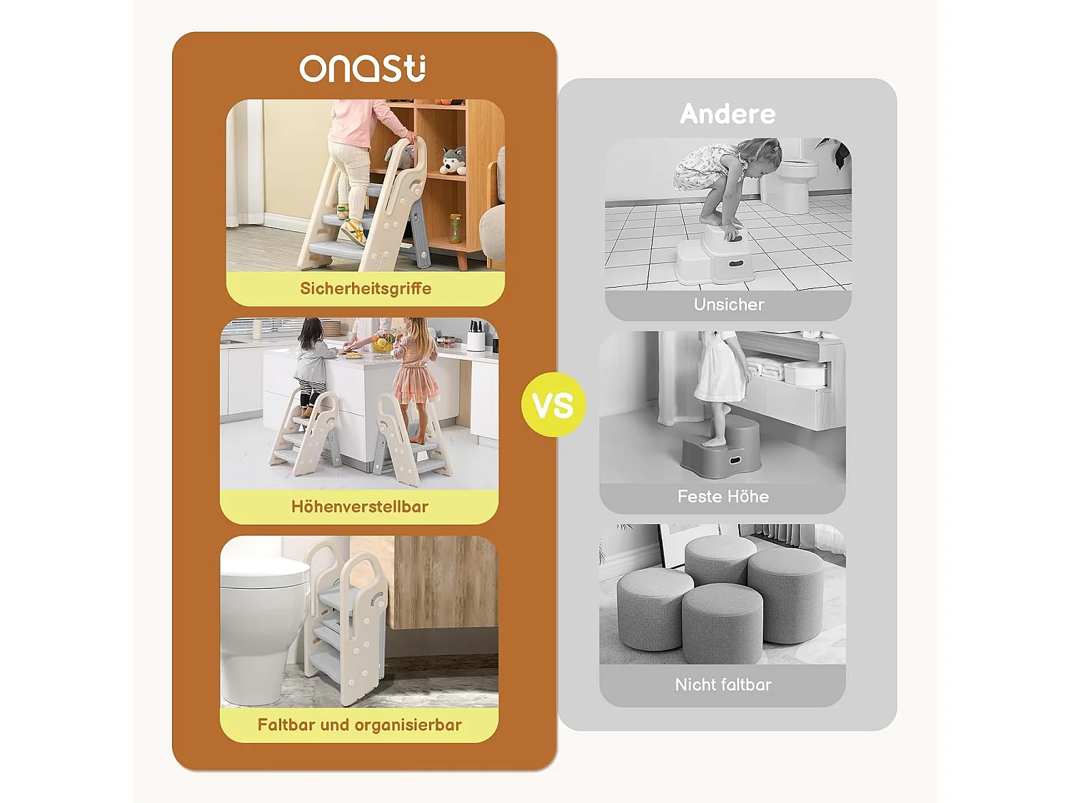 Onasti Tabouret Escalier pliable Réglable en Hauteur 2 Niveaux - 3 Niveaux pour Enfants avec Poignées, Gris