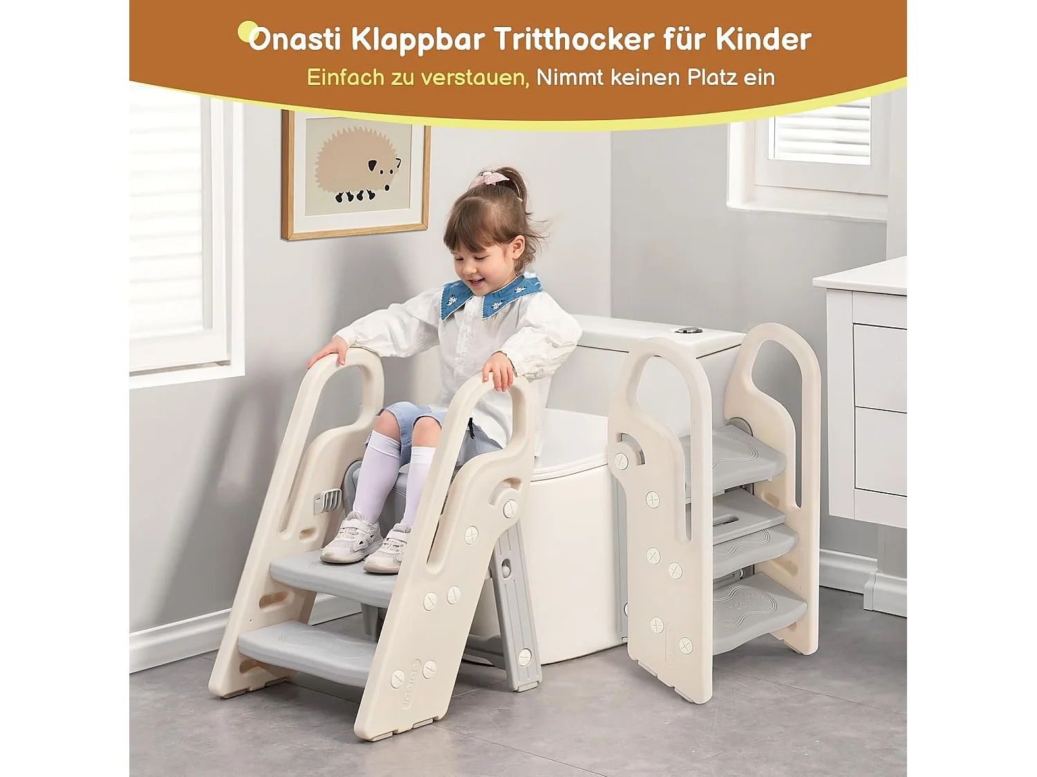 Onasti Tabouret Escalier pliable Réglable en Hauteur 2 Niveaux - 3 Niveaux pour Enfants avec Poignées, Gris