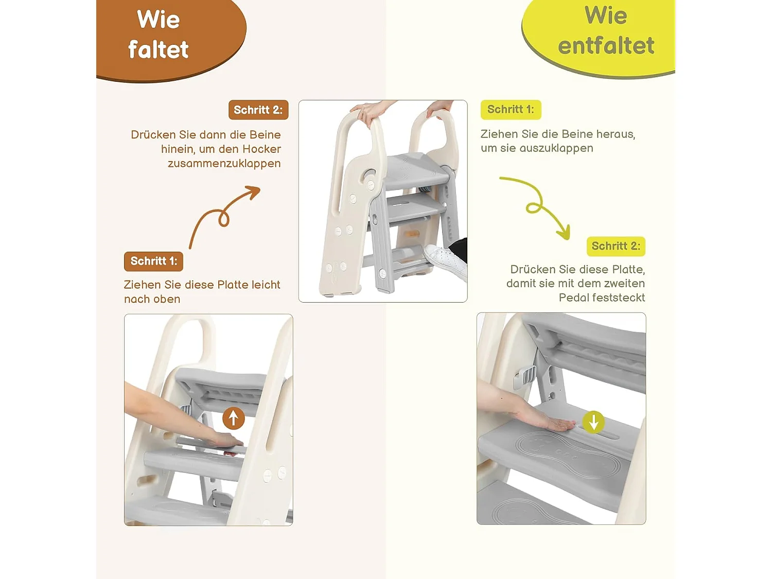 Onasti Tabouret Escalier pliable Réglable en Hauteur 2 Niveaux - 3 Niveaux pour Enfants avec Poignées, Gris