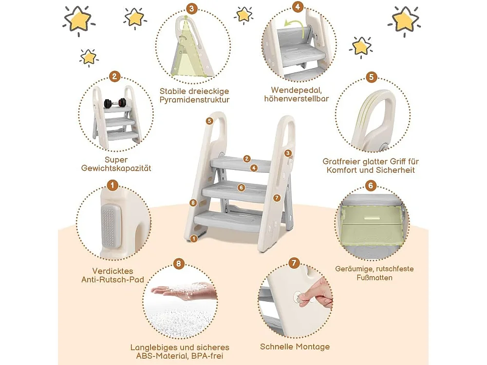 Onasti Tabouret Escalier pliable Réglable en Hauteur 2 Niveaux - 3 Niveaux pour Enfants avec Poignées, Gris