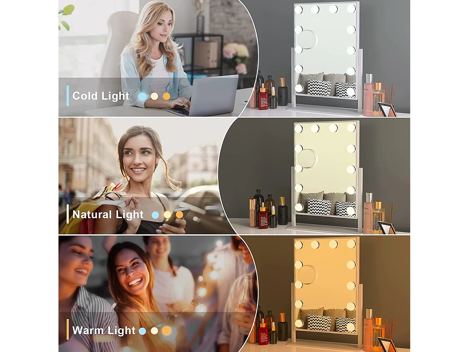 Hollywood make-upspiegel met 12 leds, 30 x 41 cm, 360° draaibaar, 3 standen, instelbare helderheid, touchbediening, ideaal voor de kaptafel, Wit