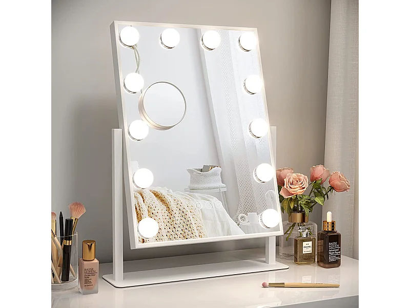 Hollywood make-upspiegel met 12 leds, 30 x 41 cm, 360° draaibaar, 3 standen, instelbare helderheid, touchbediening, ideaal voor de kaptafel, Wit