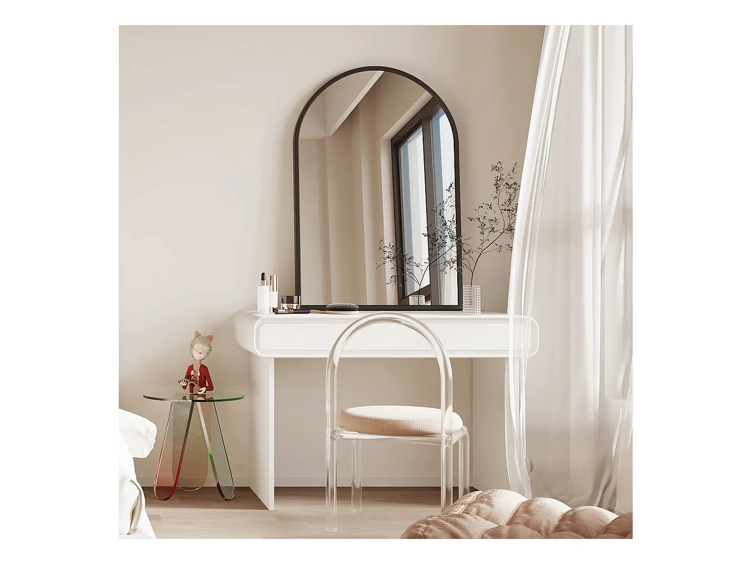 60×90cm gebogen wandspiegel, grote make-upspiegel met aluminium frame voor entree, slaapkamer, woonkamer, badkamer, zwart