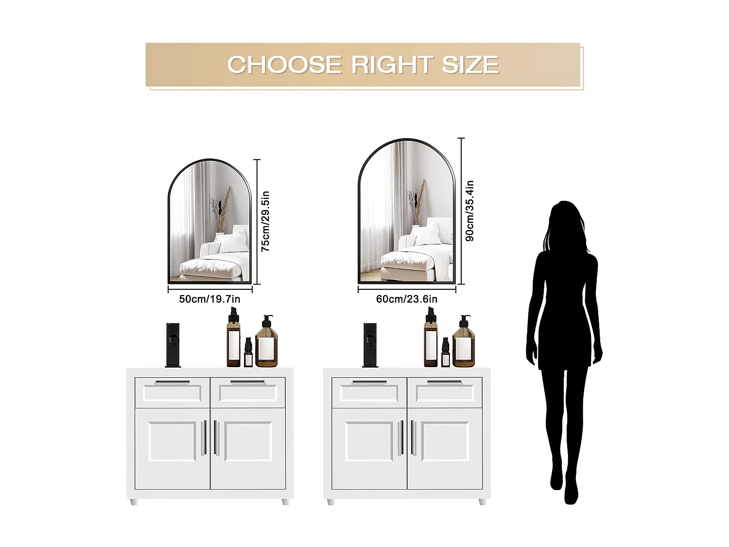 60×90cm gebogen wandspiegel, grote make-upspiegel met aluminium frame voor entree, slaapkamer, woonkamer, badkamer, zwart