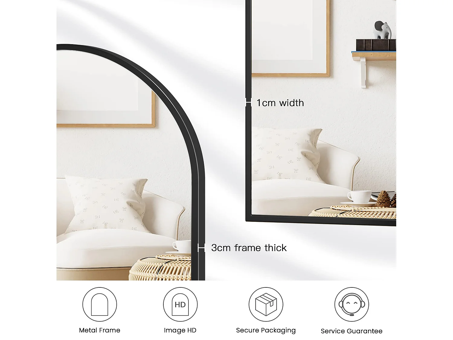 60×90cm gebogen wandspiegel, grote make-upspiegel met aluminium frame voor entree, slaapkamer, woonkamer, badkamer, zwart