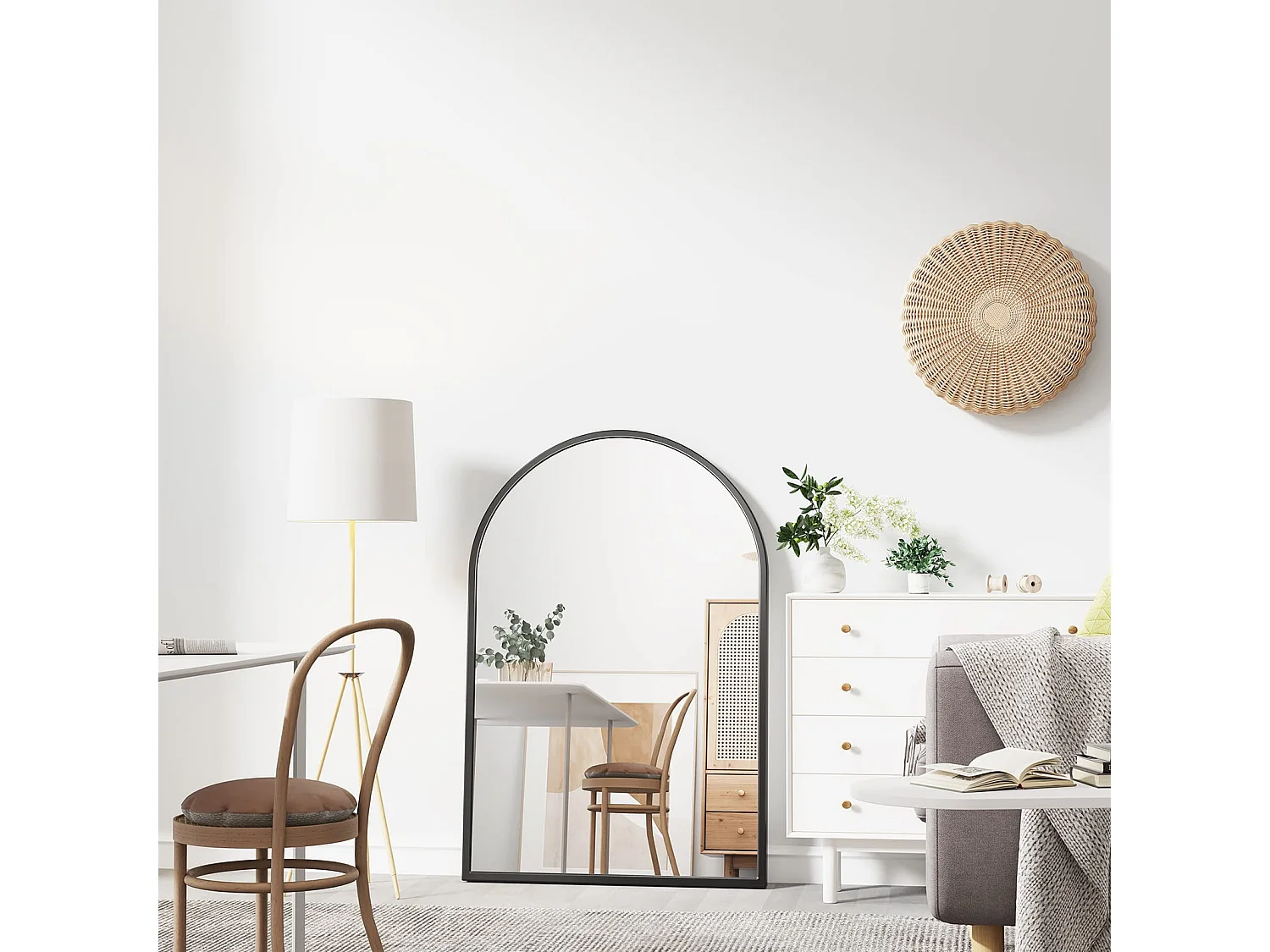 60×90cm gebogen wandspiegel, grote make-upspiegel met aluminium frame voor entree, slaapkamer, woonkamer, badkamer, zwart