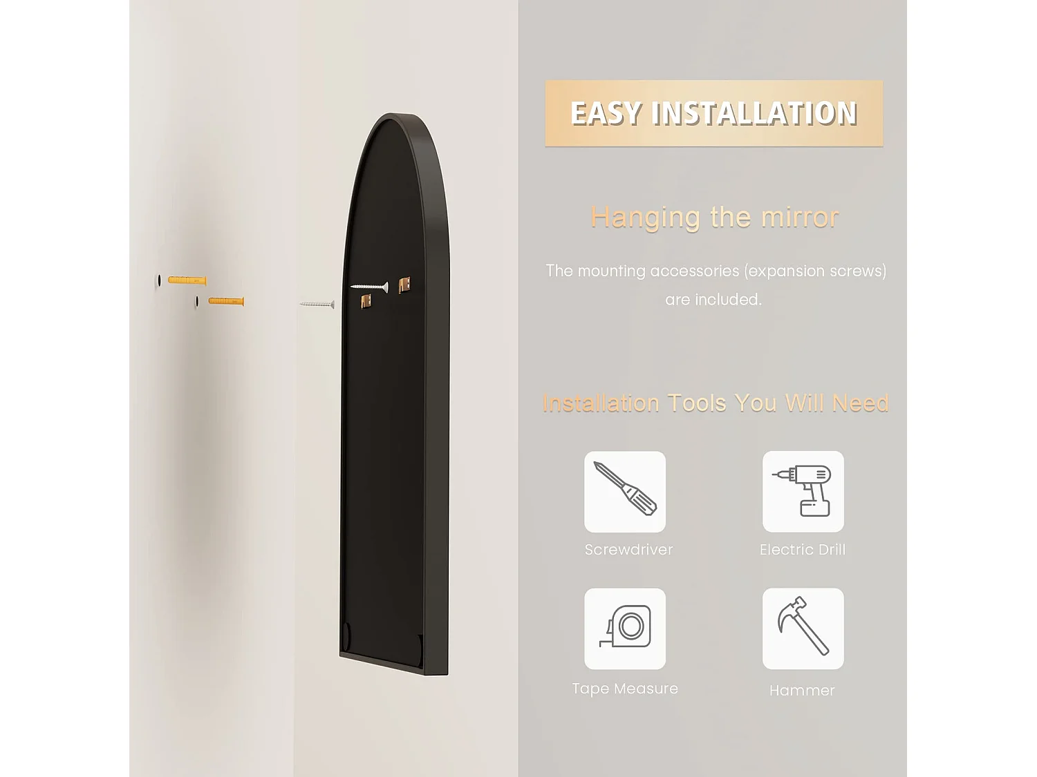 60×90cm gebogen wandspiegel, grote make-upspiegel met aluminium frame voor entree, slaapkamer, woonkamer, badkamer, zwart