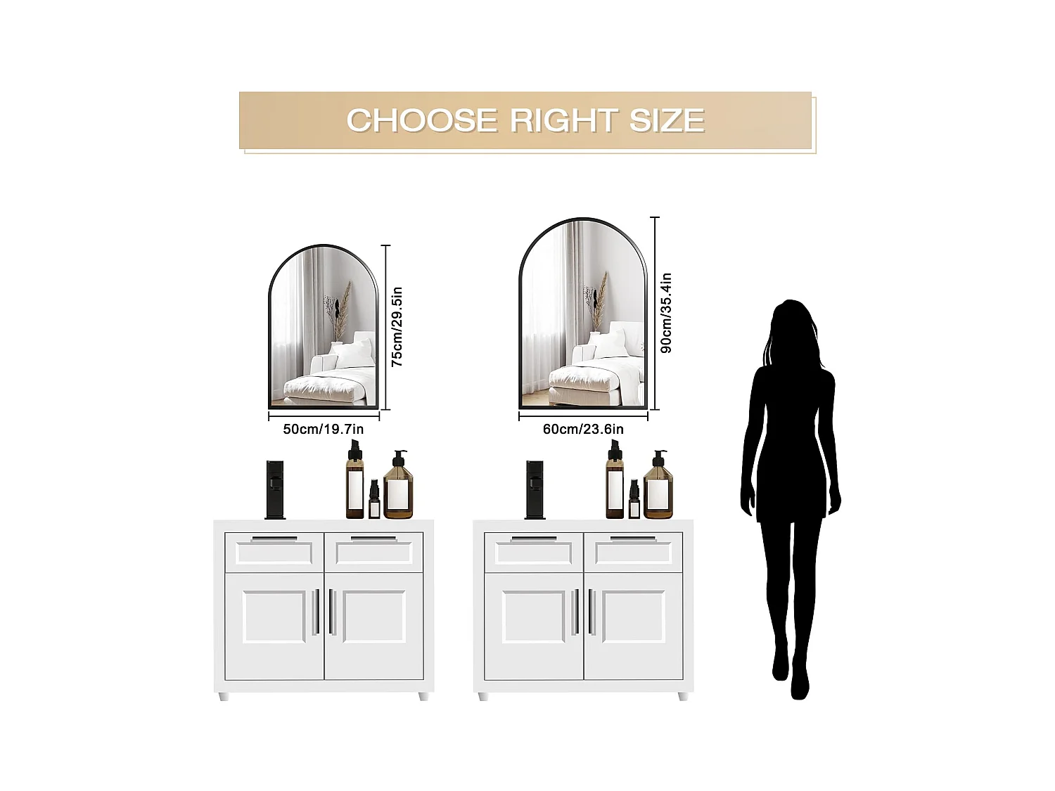 Miroir Mural Arqué 60×90cm, Grand Miroir de Maquillage avec Cadre en Alliage d'Aluminium pour Entrée Chambre Salon Salle de Bain Noir