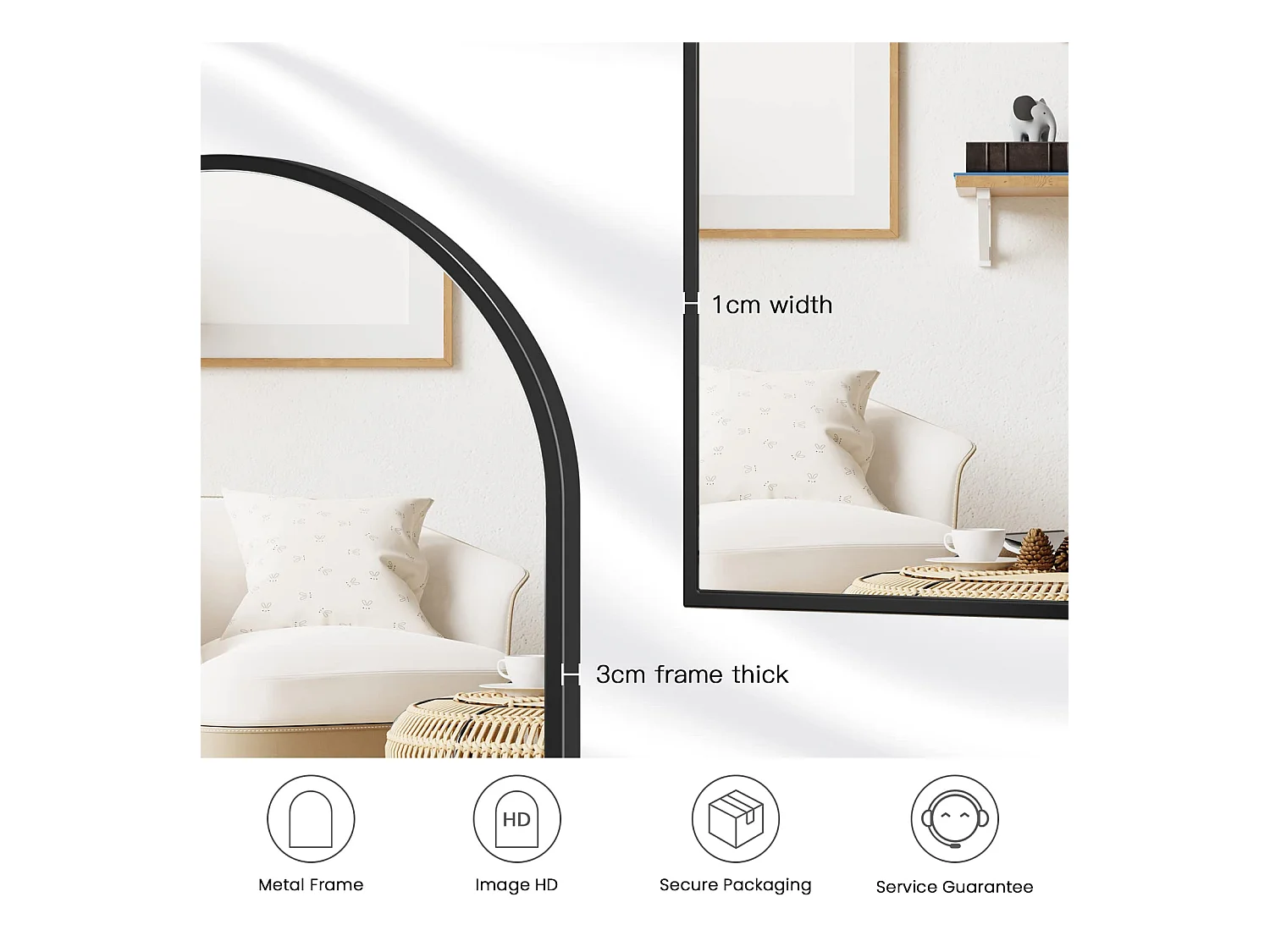 Miroir Mural Arqué 60×90cm, Grand Miroir de Maquillage avec Cadre en Alliage d'Aluminium pour Entrée Chambre Salon Salle de Bain Noir