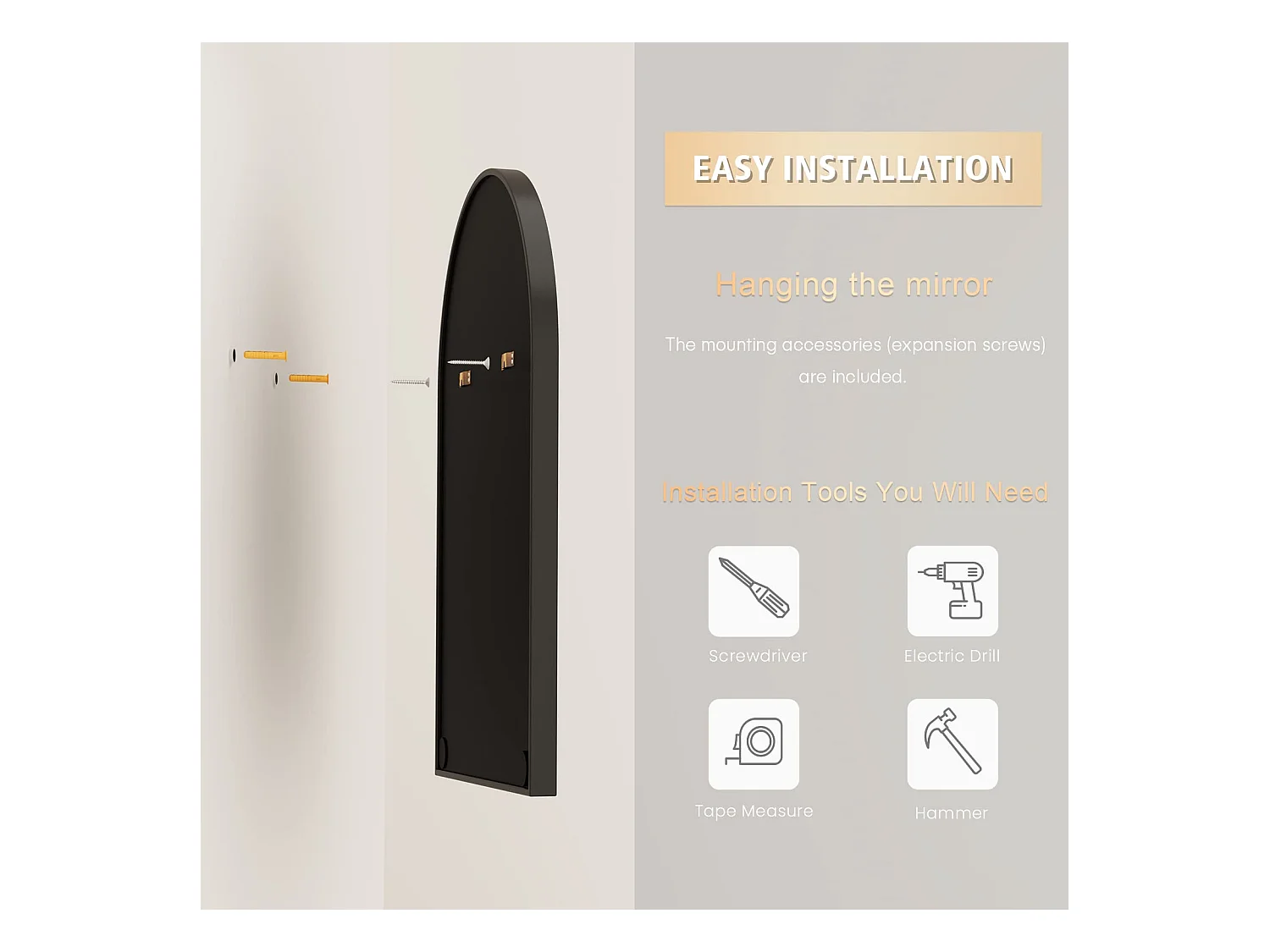 Miroir Mural Arqué 60×90cm, Grand Miroir de Maquillage avec Cadre en Alliage d'Aluminium pour Entrée Chambre Salon Salle de Bain Noir