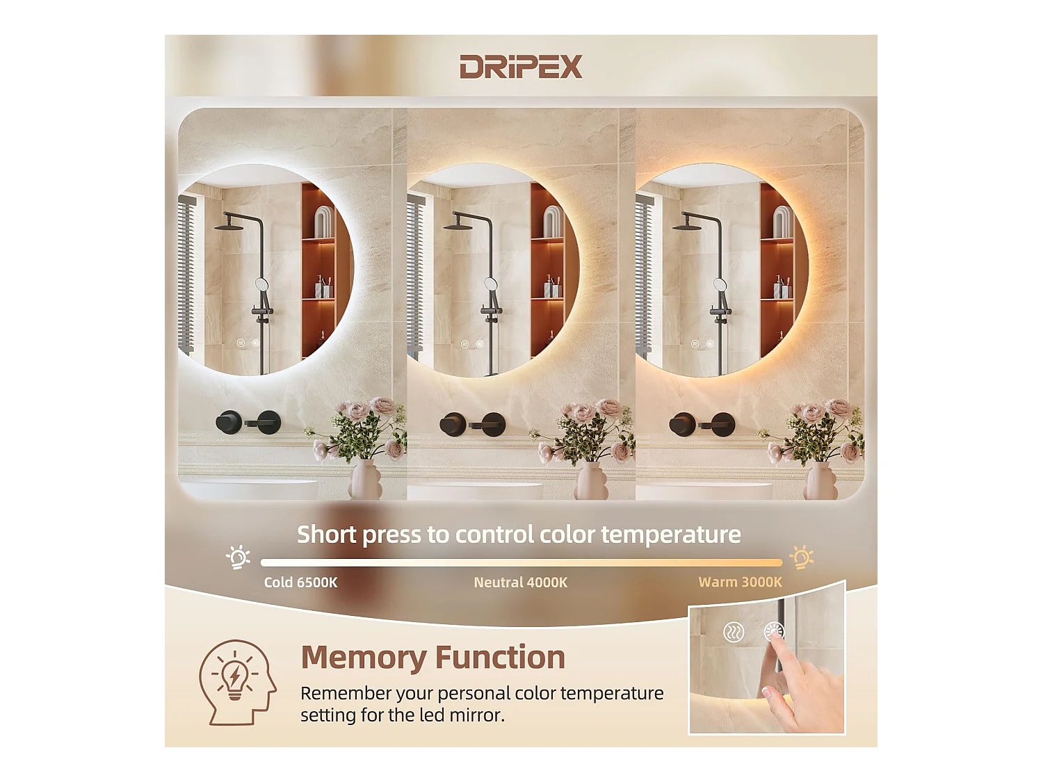 50cm badkamerspiegel, ronde anti-condens led-spiegel, 3 kleuren, dimbaar, touchschakelaar