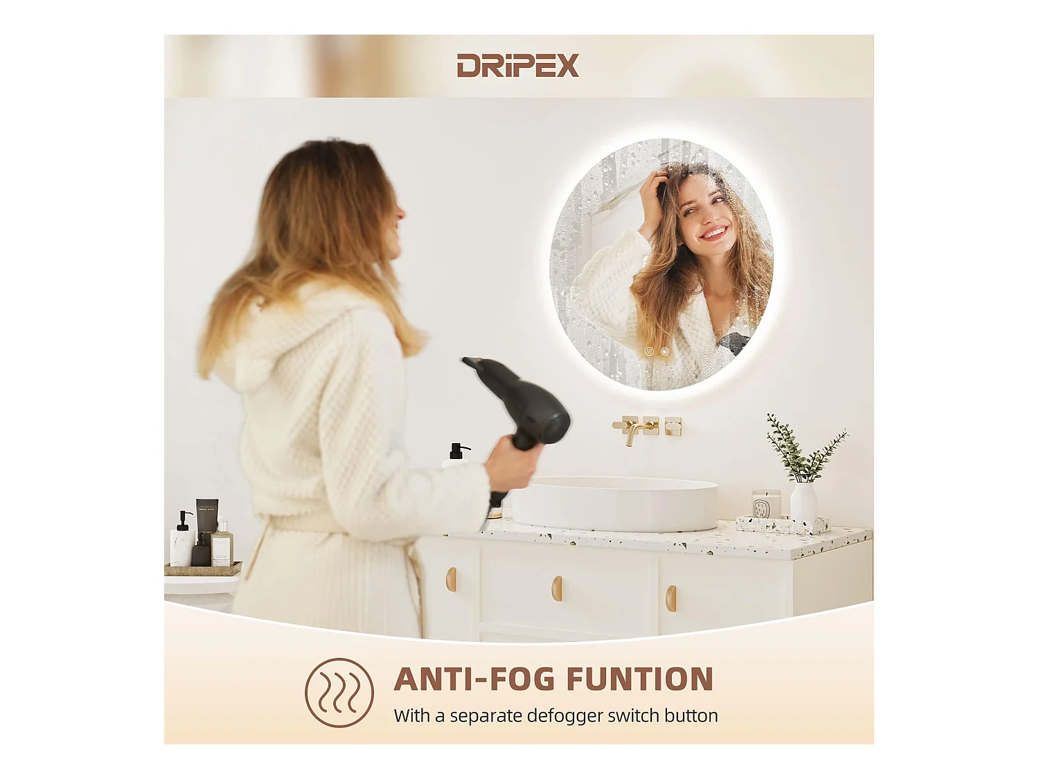 50cm badkamerspiegel, ronde anti-condens led-spiegel, 3 kleuren, dimbaar, touchschakelaar