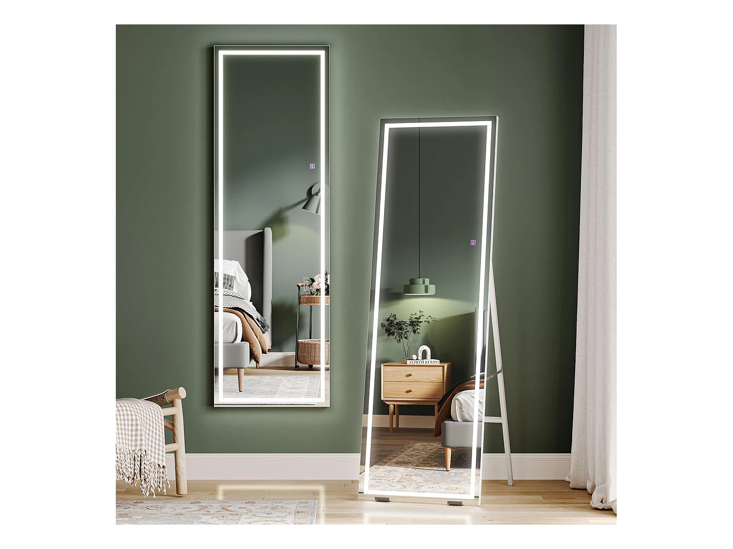 Miroir sur Pied LED 150x40cm, grand miroir mural ou sur pied, éclairage 3 couleurs réglables, interrupteur tactile, idéal chambre ou salon, blanc