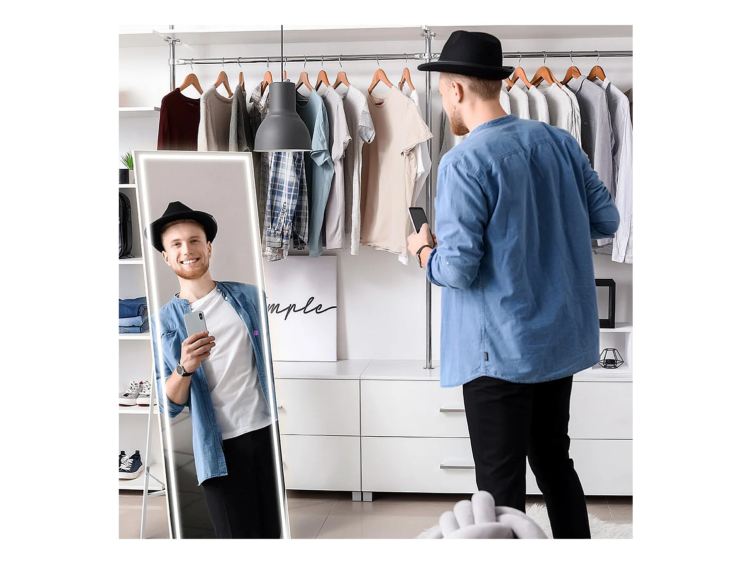 Miroir sur Pied LED 150x40cm, grand miroir mural ou sur pied, éclairage 3 couleurs réglables, interrupteur tactile, idéal chambre ou salon, blanc