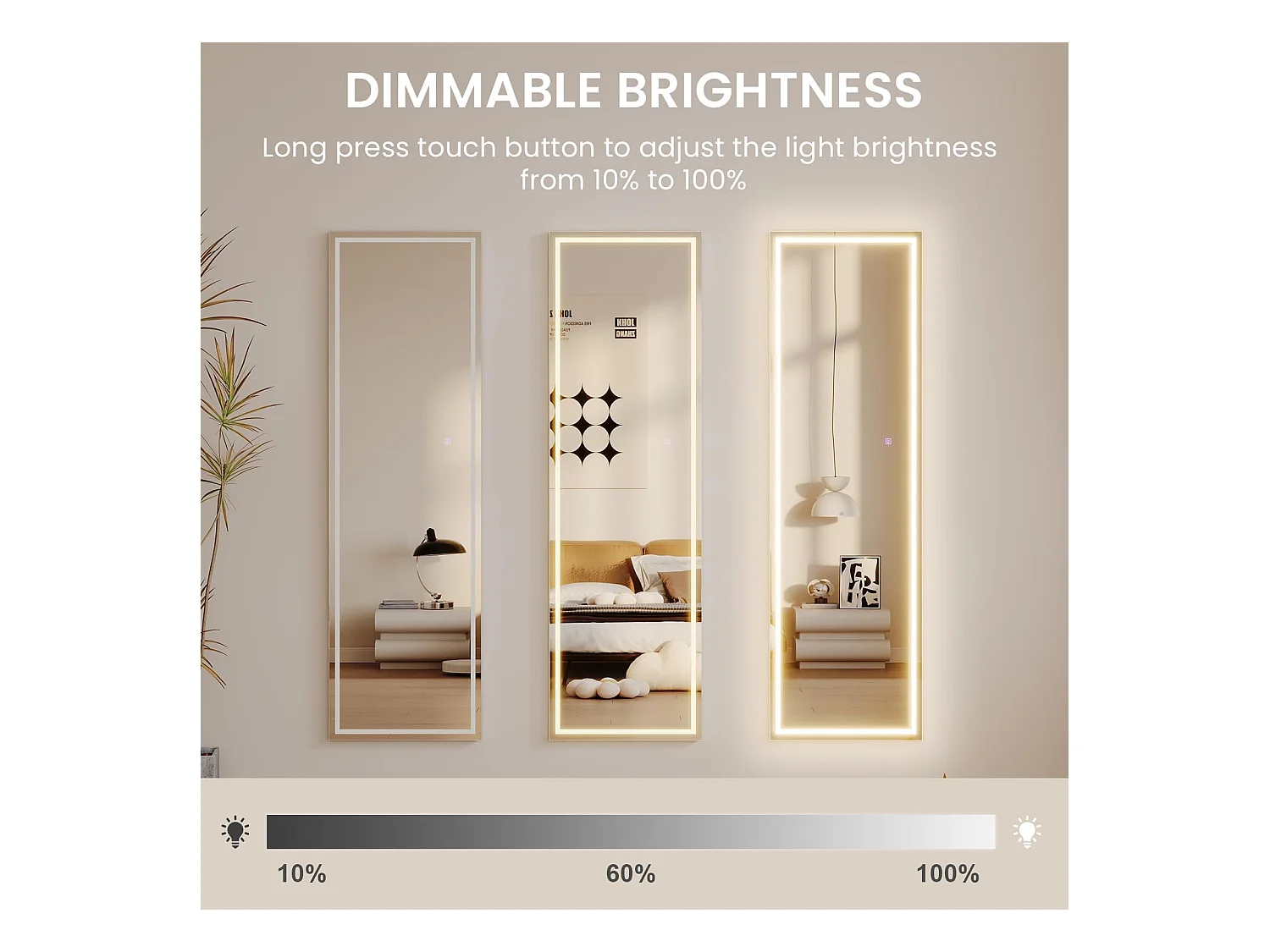 Miroir sur Pied LED 150x40cm, grand miroir mural ou sur pied, éclairage 3 couleurs réglables, interrupteur tactile, idéal chambre ou salon, blanc