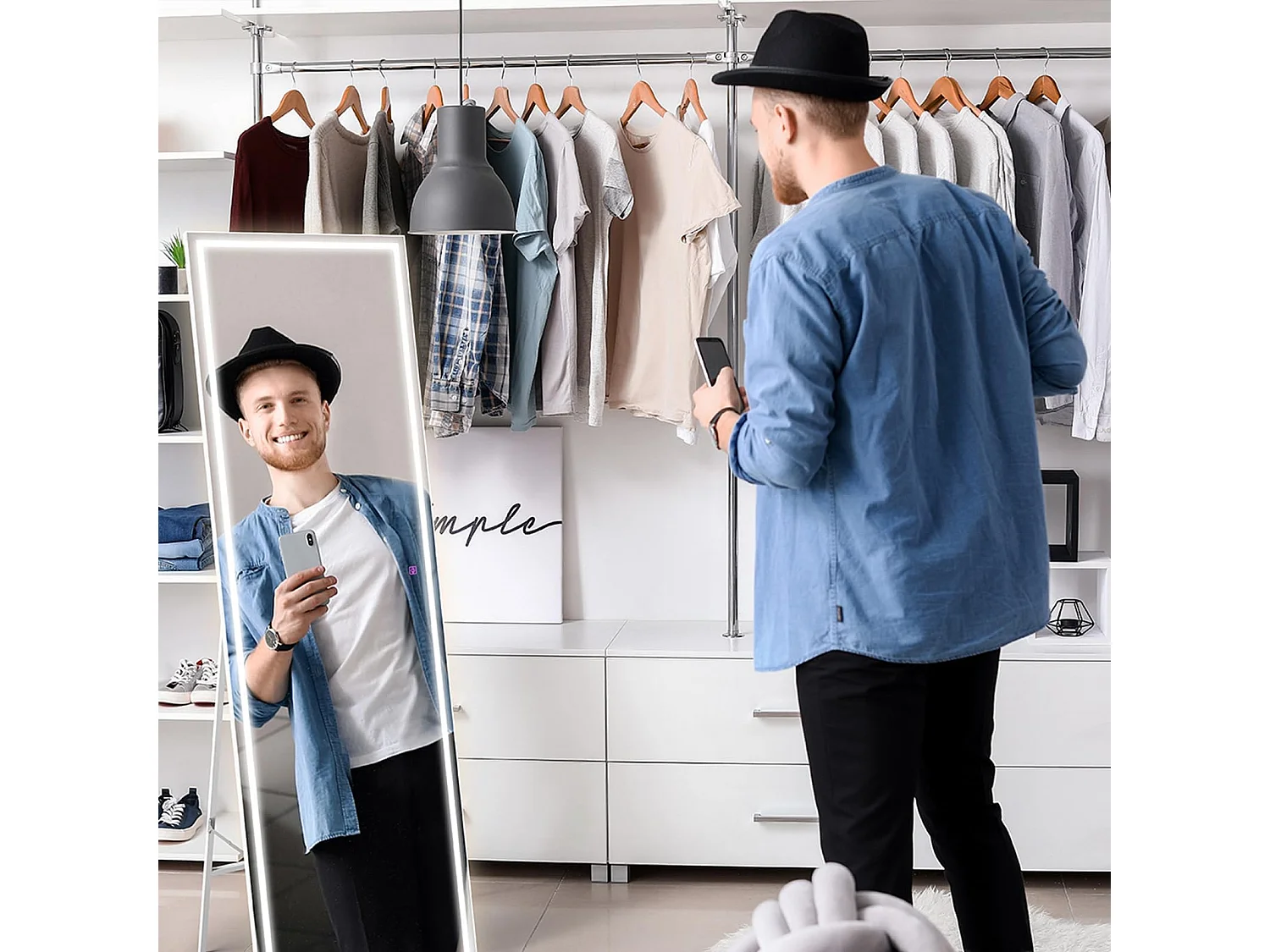 Miroir sur Pied LED 150x40cm, grand miroir mural ou sur pied, éclairage 3 couleurs réglables, interrupteur tactile, idéal chambre ou salon, blanc