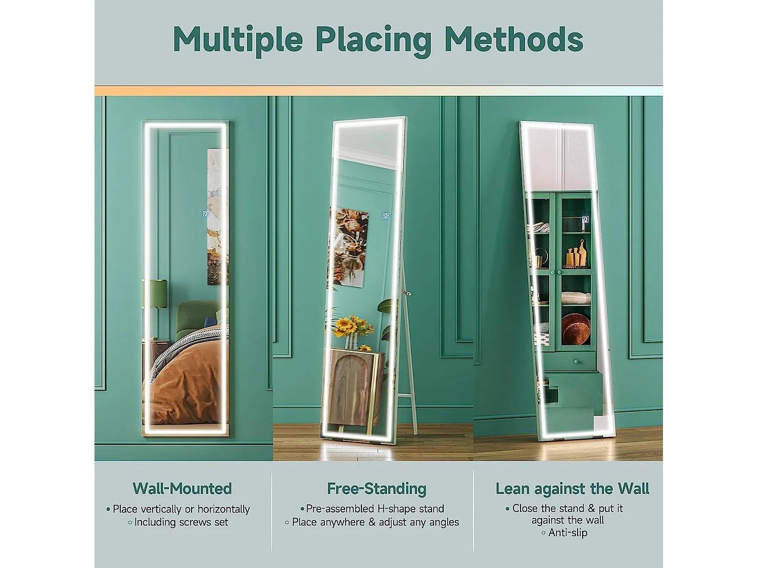 Miroir sur Pied LED 150x40cm, grand miroir mural ou sur pied, éclairage 3 couleurs réglables, interrupteur tactile, idéal chambre ou salon, blanc