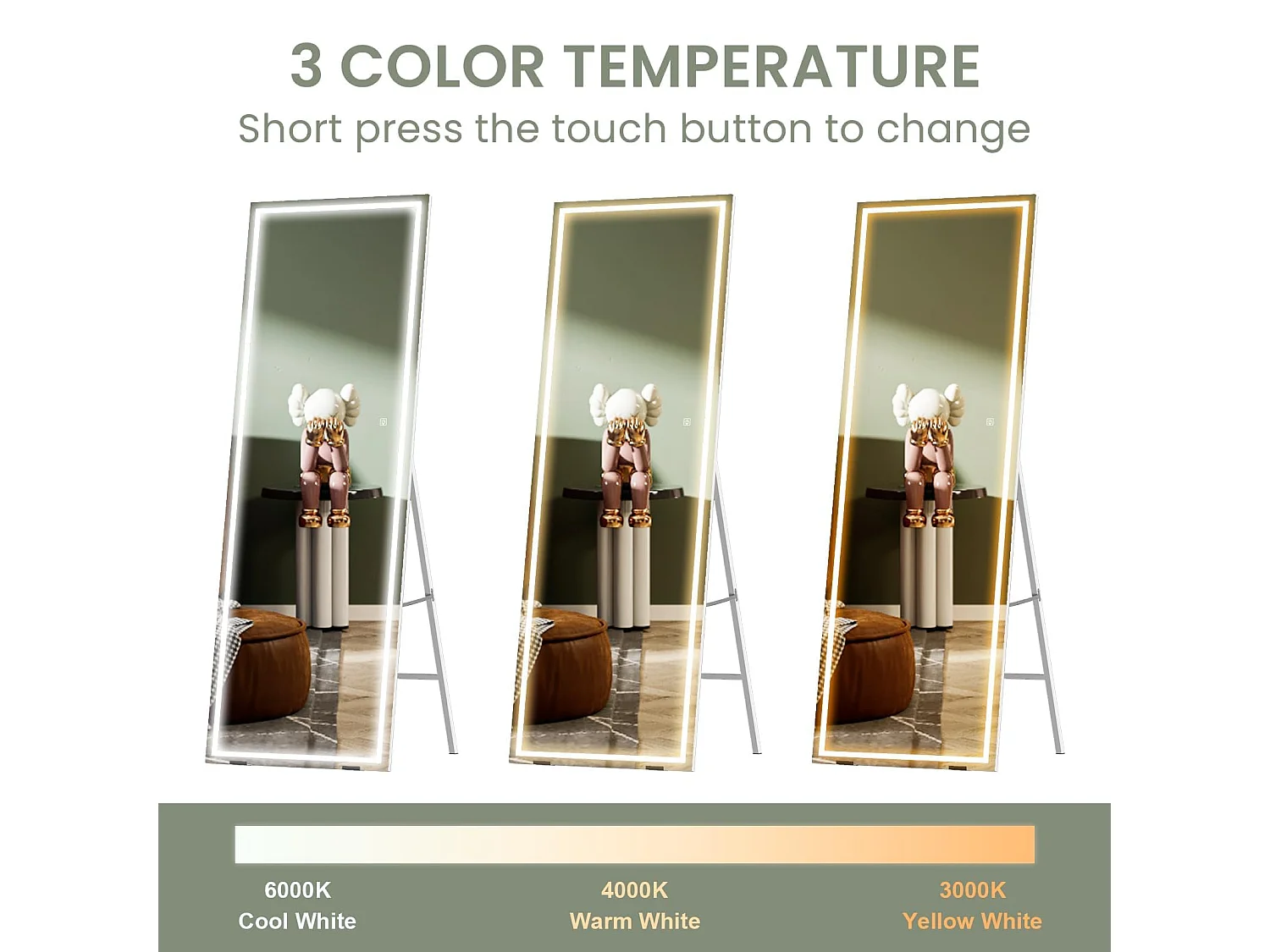 Miroir sur Pied LED 150x40cm, grand miroir mural ou sur pied, éclairage 3 couleurs réglables, interrupteur tactile, idéal chambre ou salon, blanc