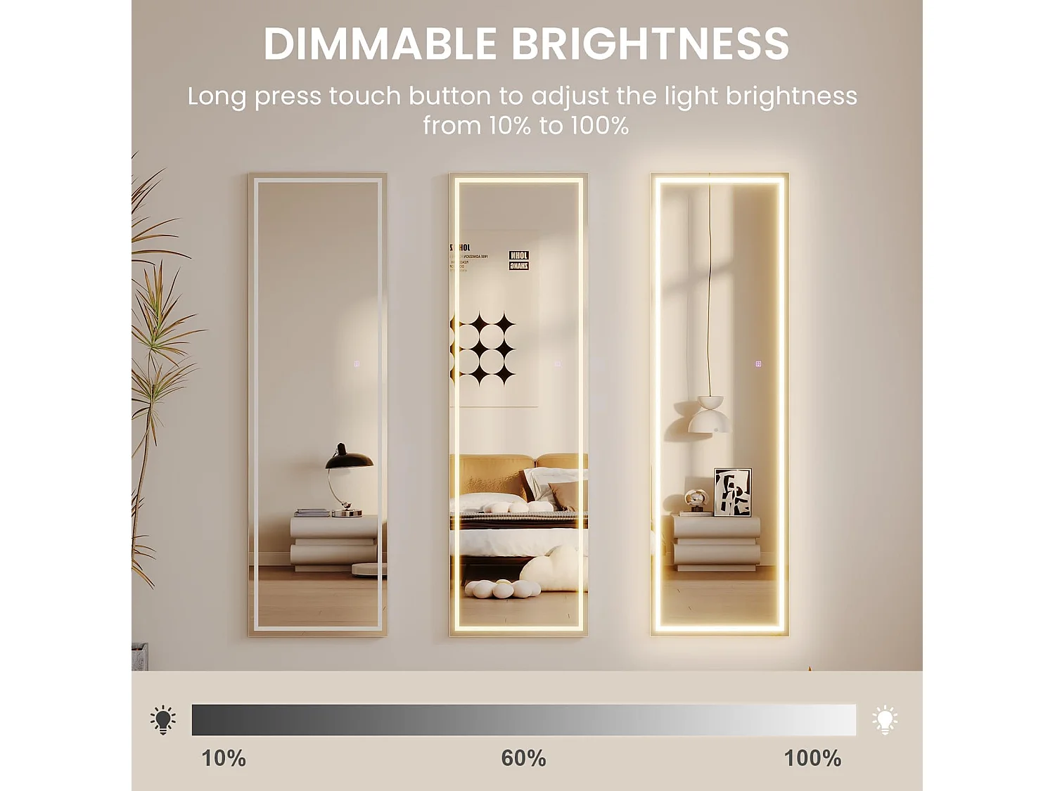 Miroir sur Pied LED 150x40cm, grand miroir mural ou sur pied, éclairage 3 couleurs réglables, interrupteur tactile, idéal chambre ou salon, blanc