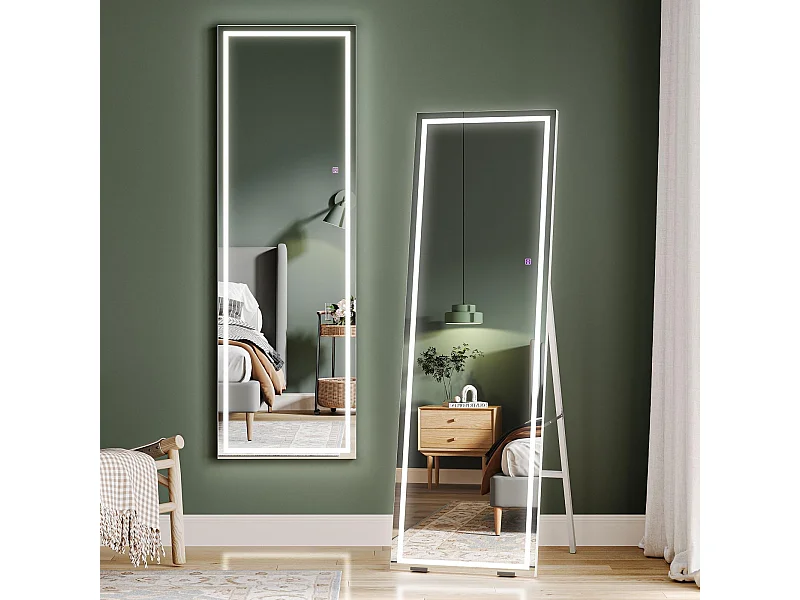 Miroir sur Pied LED 150x40cm, grand miroir mural ou sur pied, éclairage 3 couleurs réglables, interrupteur tactile, idéal chambre ou salon, blanc