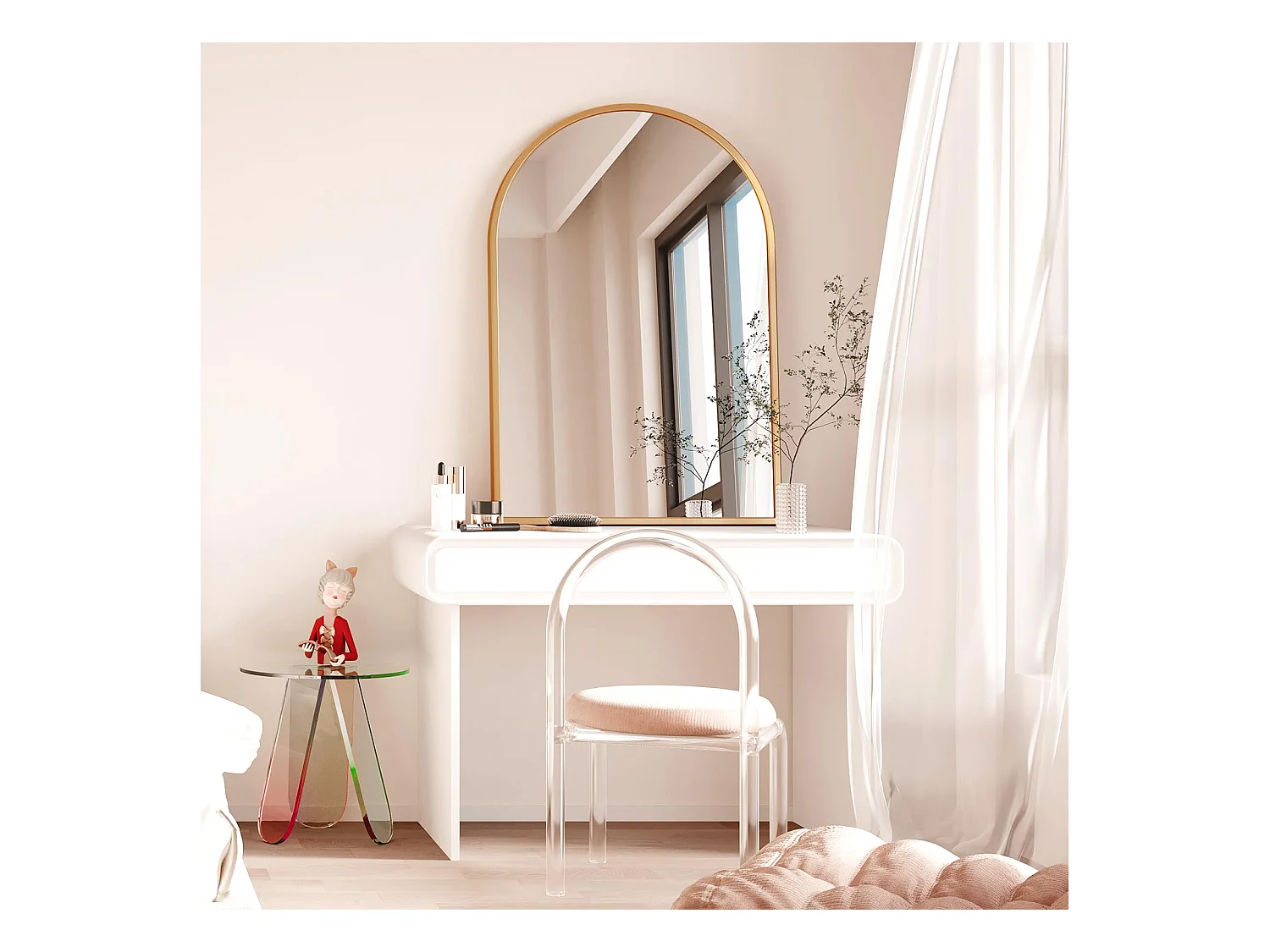 60 x 90 cm gebogen wandspiegel, goud, grote make-upspiegel met aluminium frame, ideaal voor hal, slaapkamer, woonkamer, badkamer