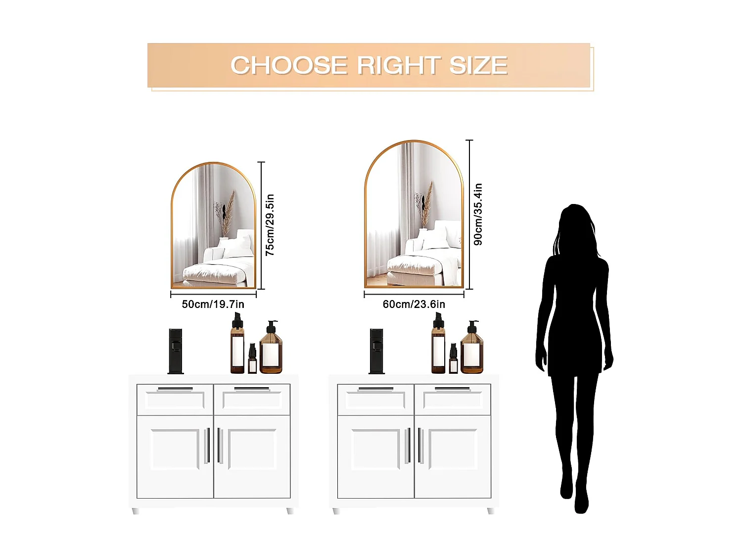 Miroir Mural Arche 60×90cm Or, Grand Miroir de Maquillage avec Cadre en Alliage d'Aluminium Idéal pour Entrée Chambre Salon Salle de Bain