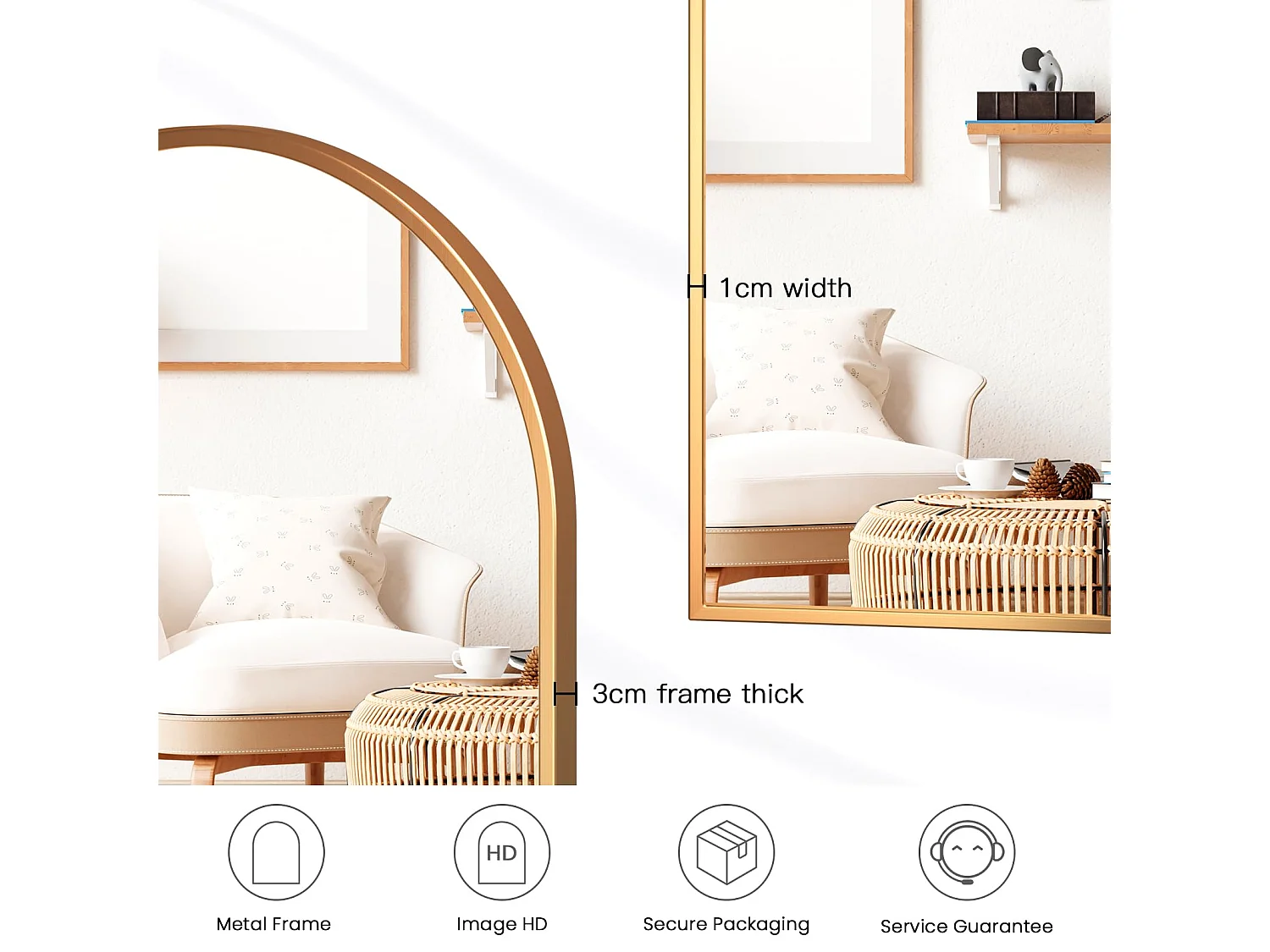 Miroir Mural Arche 60×90cm Or, Grand Miroir de Maquillage avec Cadre en Alliage d'Aluminium Idéal pour Entrée Chambre Salon Salle de Bain