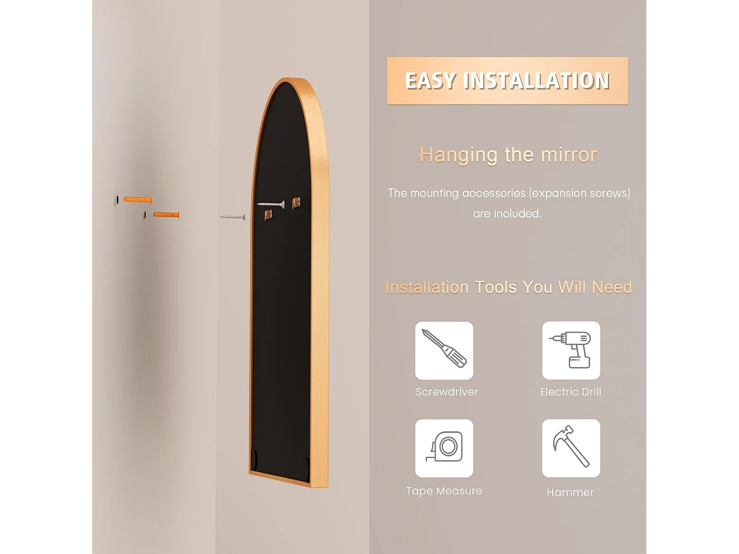 Miroir Mural Arche 60×90cm Or, Grand Miroir de Maquillage avec Cadre en Alliage d'Aluminium Idéal pour Entrée Chambre Salon Salle de Bain