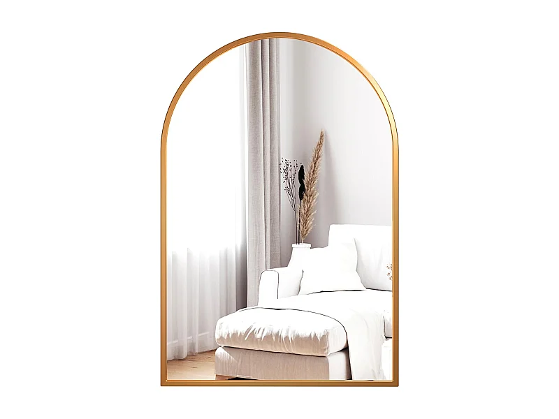 Specchio da parete ad arco 60 x 90 cm, Oro, Grande specchio per il trucco con cornice in lega di alluminio, Ideale per ingresso, camera da letto, soggiorno, bagno