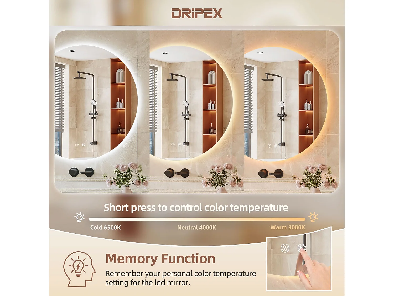 80cm badkamerspiegel, ronde anti-condens led-spiegel, 3 kleuren, dimbaar, touchschakelaar