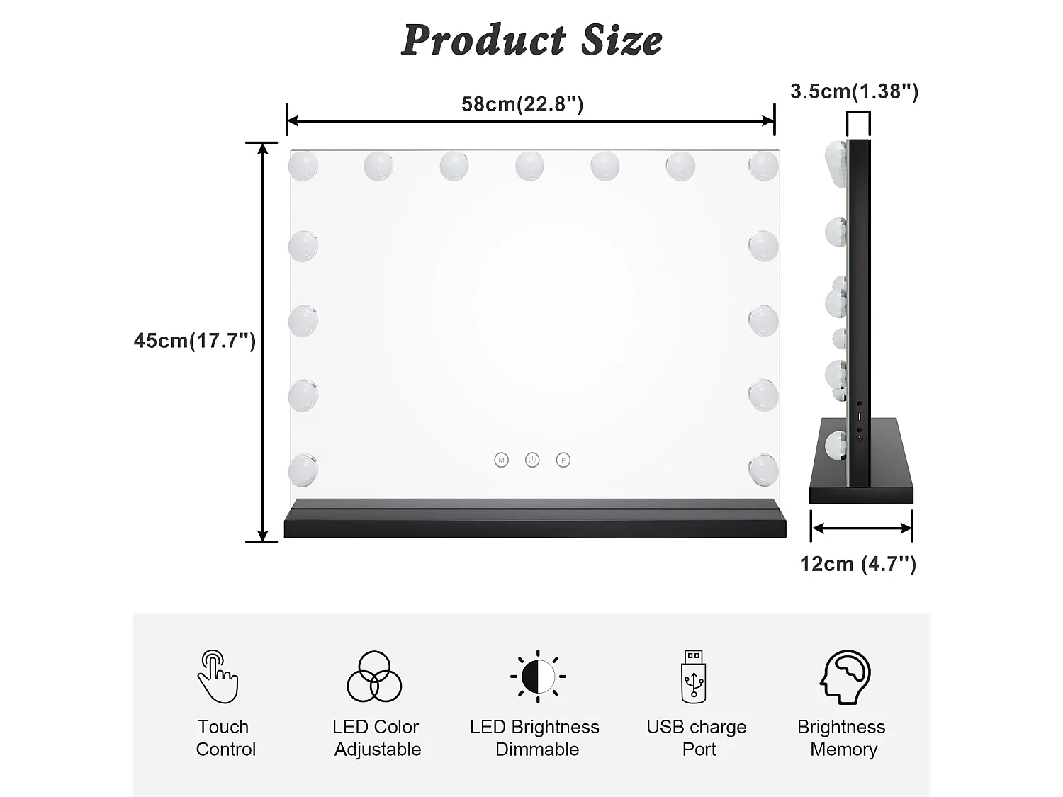 Hollywood make-upspiegel 15 LED's, 58x45cm, 3 standen, Verstelbare helderheid, Touchbediening, USB-poort, Tafel- of wandmontage, Zwart