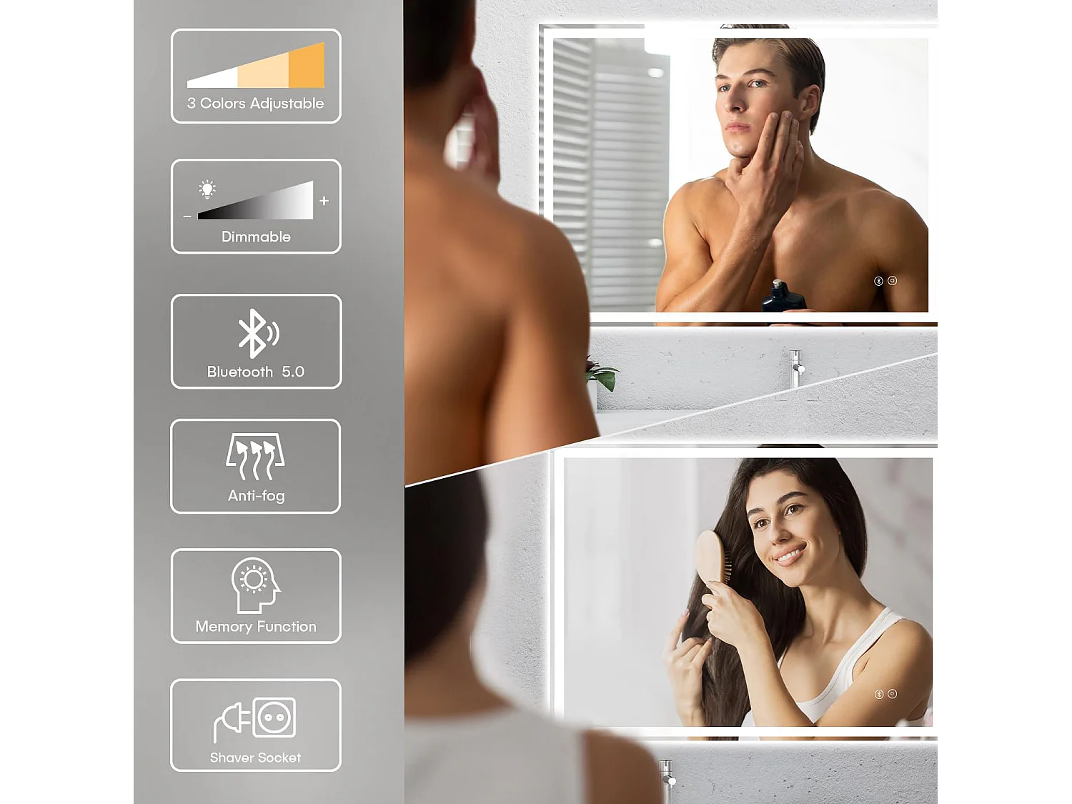 Zingende badkamerspiegel 70x50cm, anticondens LED met Bluetooth, scheerstopcontact, 3-kleurige dimbare verlichting, IP44 waterdicht