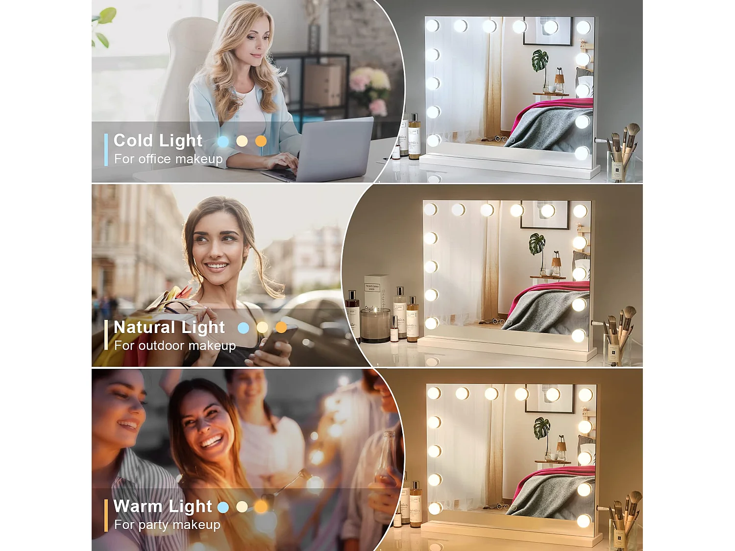 Hollywood LED make-upspiegel, 14 lampjes, 3 standen, Verstelbare helderheid, Touchbediening, 50x42cm, Ideaal voor kaptafel, Wit