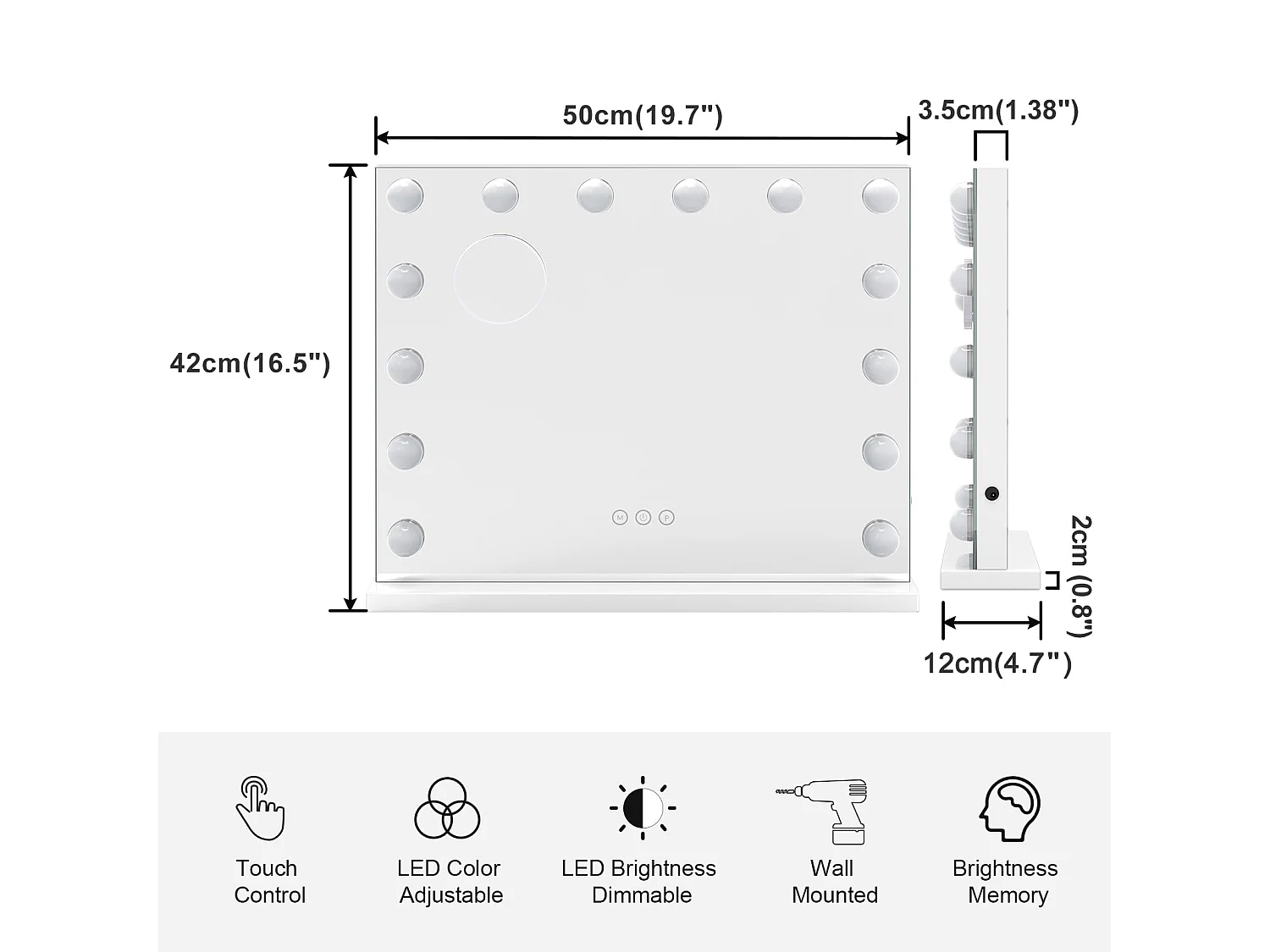 Hollywood LED make-upspiegel, 14 lampjes, 3 standen, Verstelbare helderheid, Touchbediening, 50x42cm, Ideaal voor kaptafel, Wit