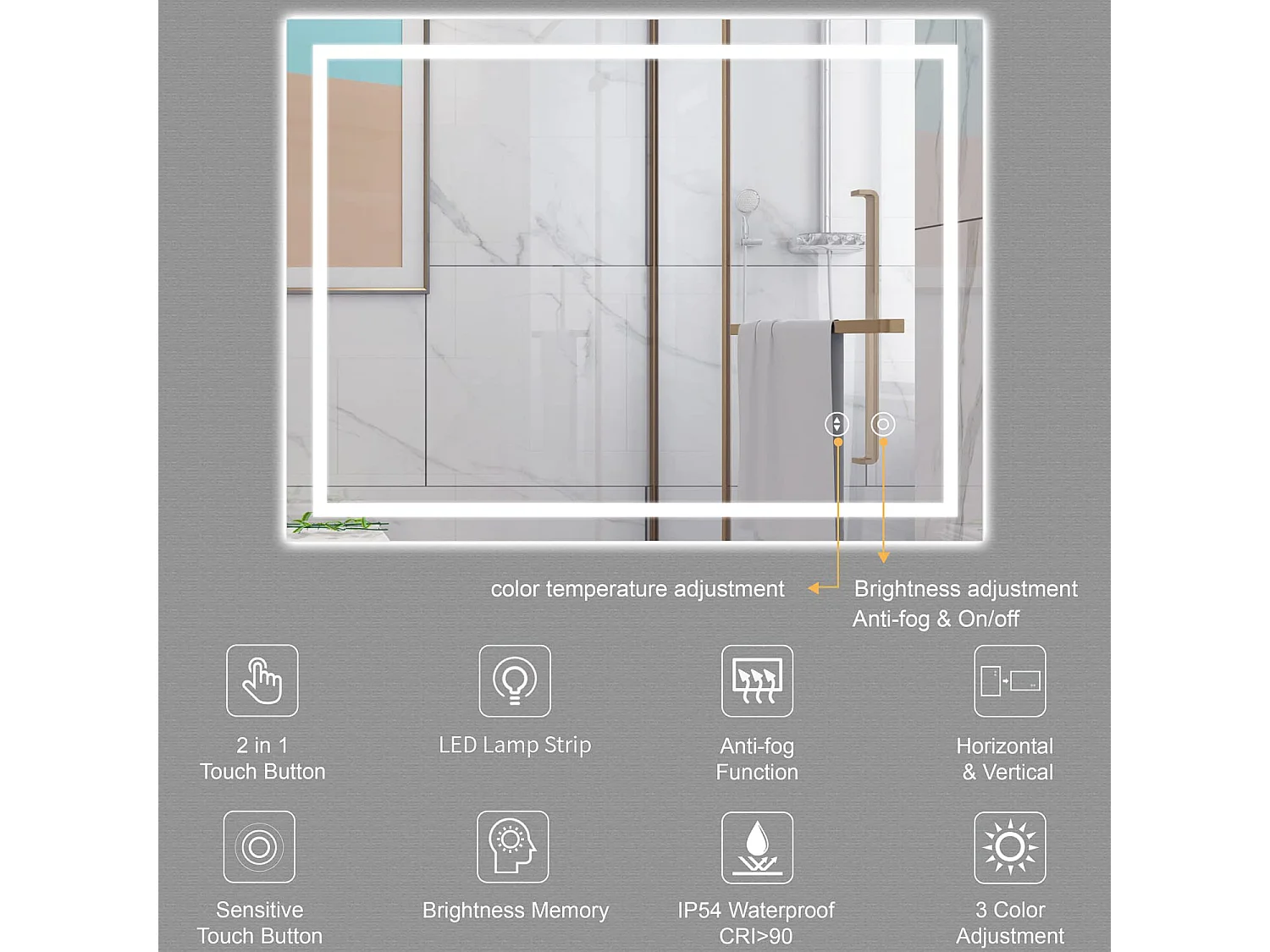 60x80cm LED badkamerspiegel, 30W, anticondens, 3 kleuren, dimbaar, aanraakschakelaar, explosieveilig, geheugenfunctie, IP44 waterdicht